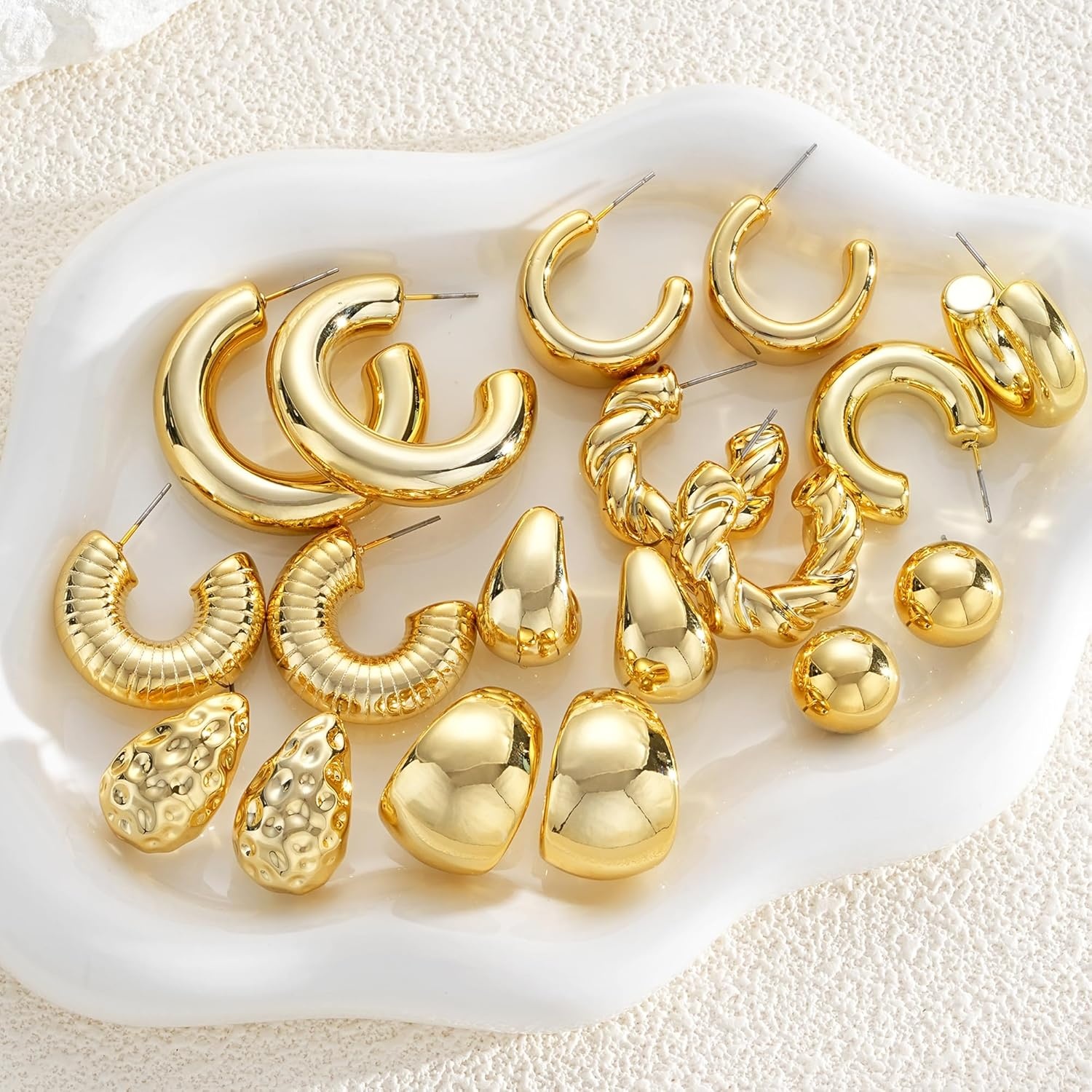 image:image36 Pairs Gold Hoop Earrings Set for Women Fashion Chunky Gold Hoop Earrings Multipack Hypoallergenic Pearl Chain Twisted Statement Earring Pack for Birthday Party JewelryEgold9 pcs