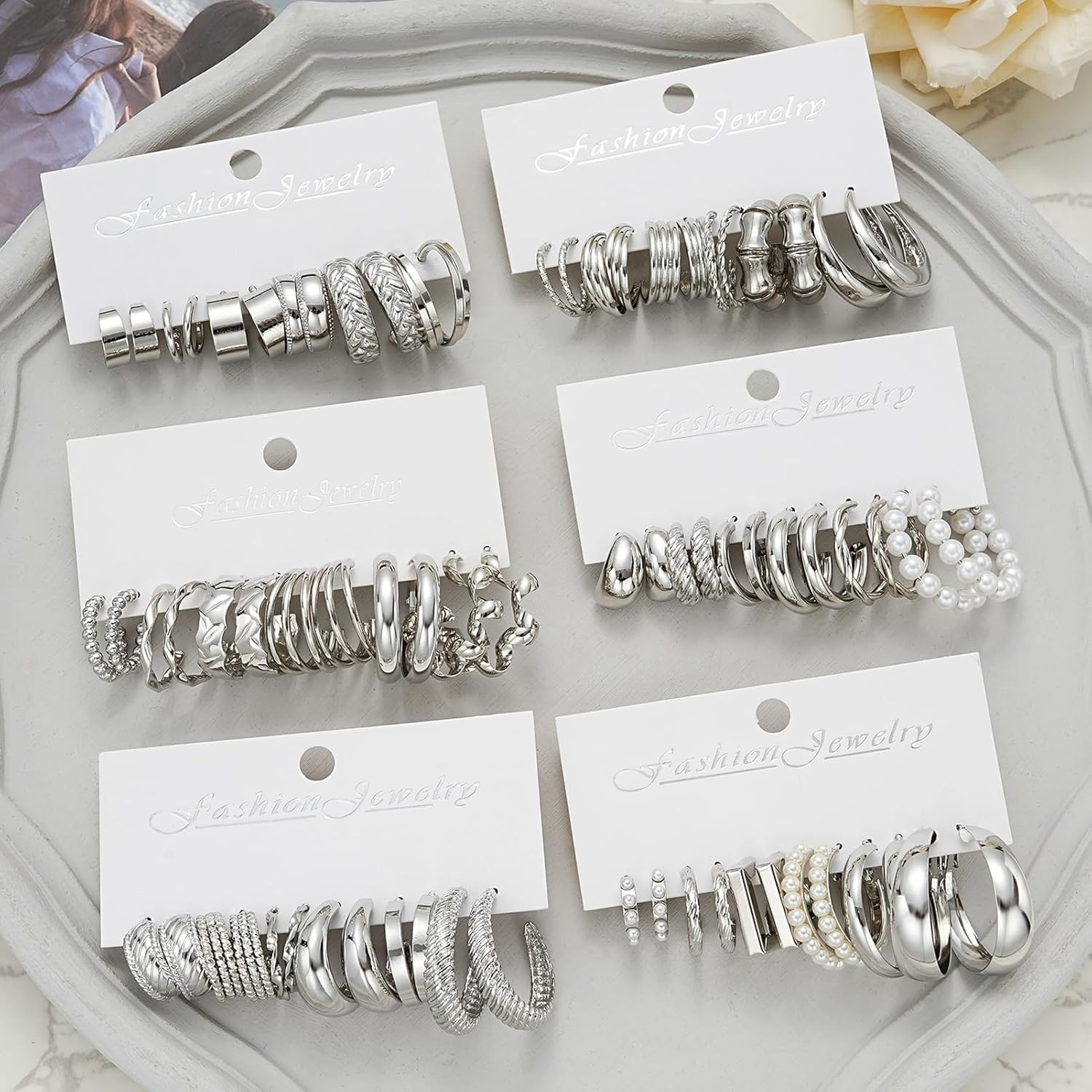 image:image36 Pairs Gold Hoop Earrings Set for Women Fashion Chunky Gold Hoop Earrings Multipack Hypoallergenic Pearl Chain Twisted Statement Earring Pack for Birthday Party JewelryBsilver36 pcs