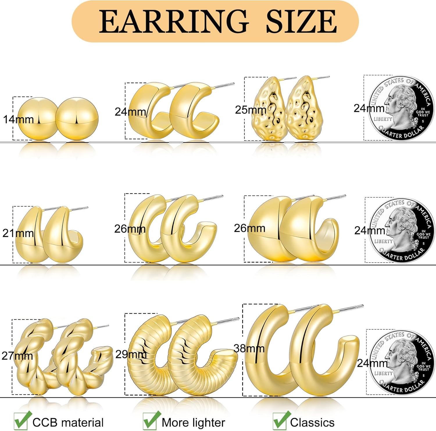 image:image36 Pairs Gold Hoop Earrings Set for Women Fashion Chunky Gold Hoop Earrings Multipack Hypoallergenic Pearl Chain Twisted Statement Earring Pack for Birthday Party JewelryEgold9 pcs