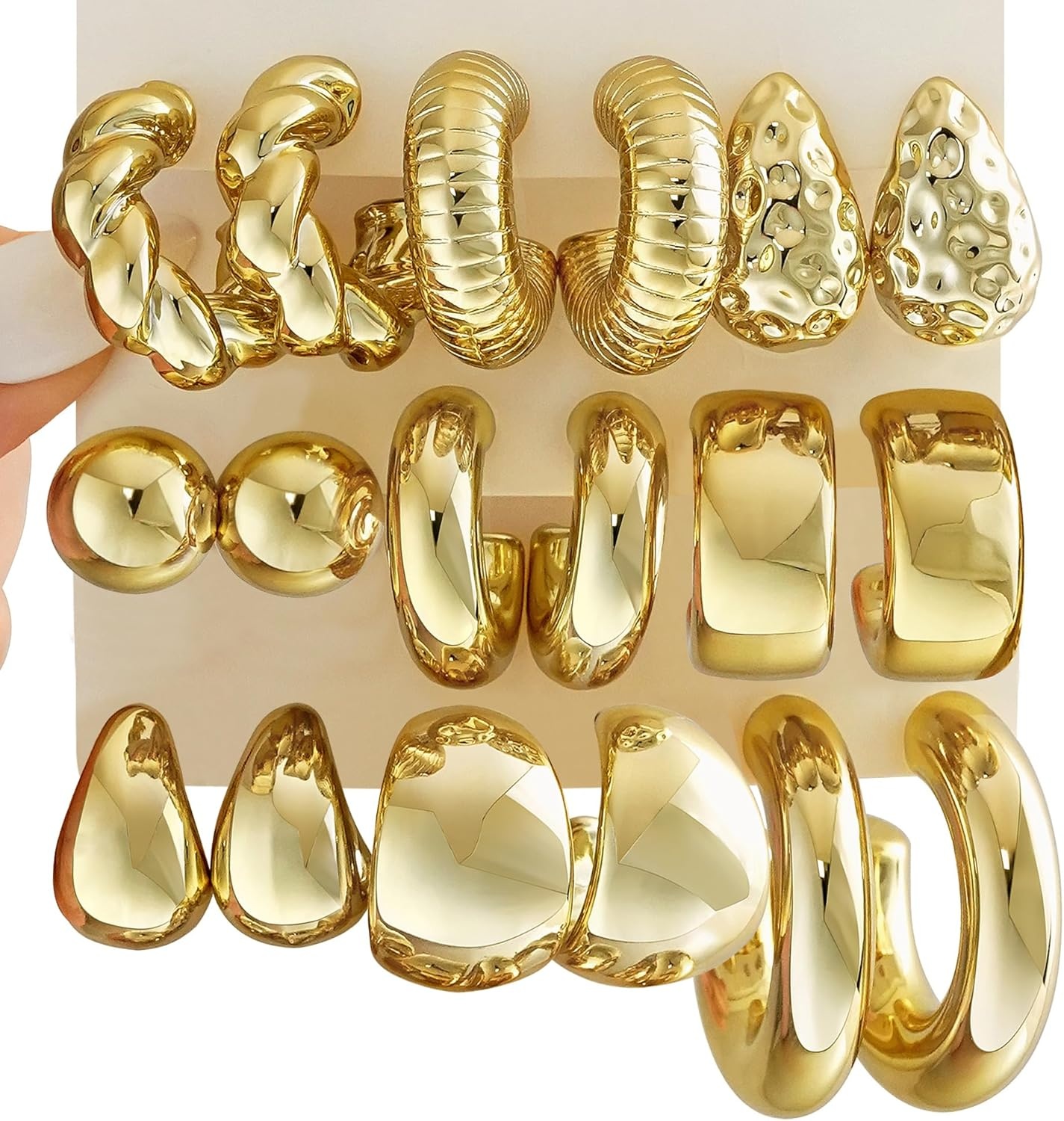 image:image36 Pairs Gold Hoop Earrings Set for Women Fashion Chunky Gold Hoop Earrings Multipack Hypoallergenic Pearl Chain Twisted Statement Earring Pack for Birthday Party JewelryEgold9 pcs