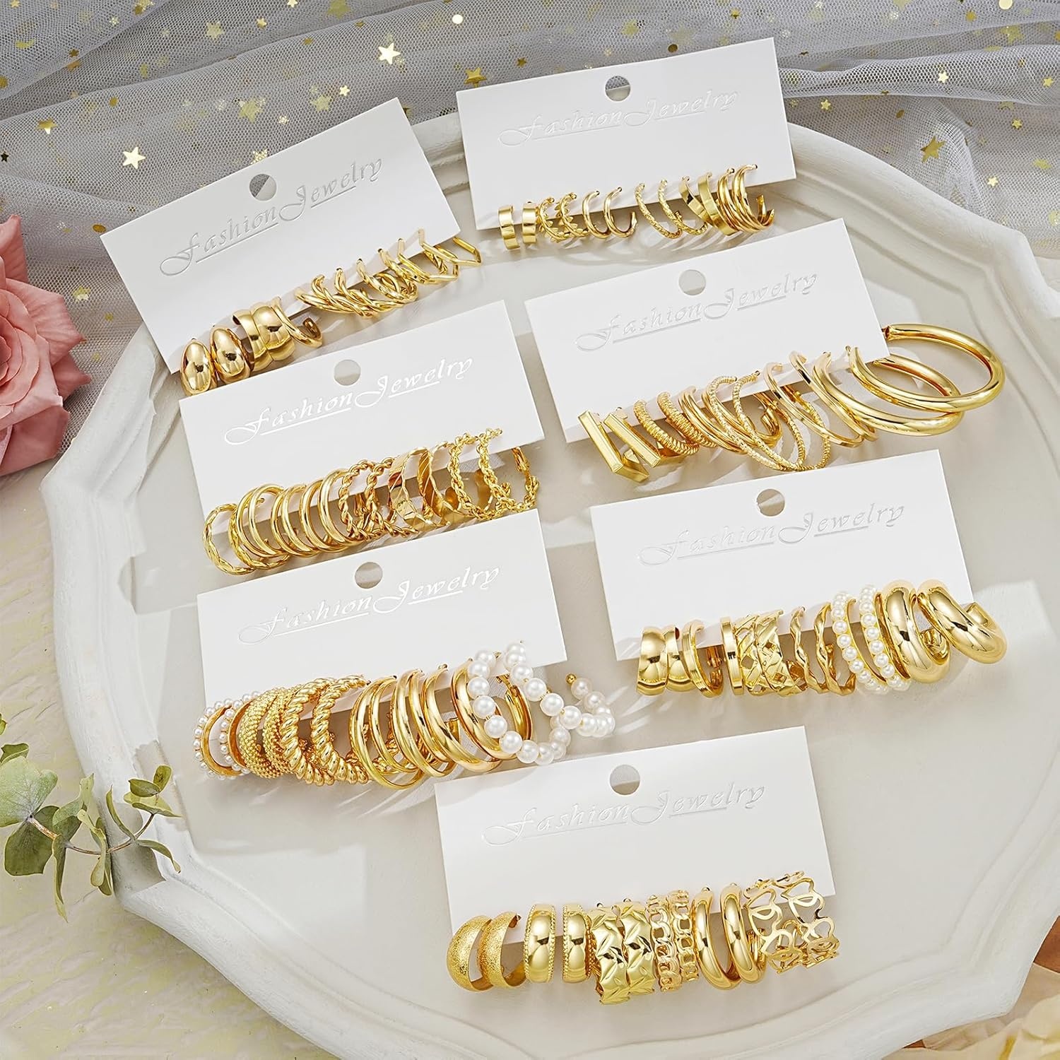 image:image42 Pairs Gold Hoop Earrings Set for Women Hypoallergenic Multipack Small to Chunky Hoops Pearl amp Twisted Trendy Earrings for Everyday Wear amp Mothers Day GiftsGold42 pairschunky