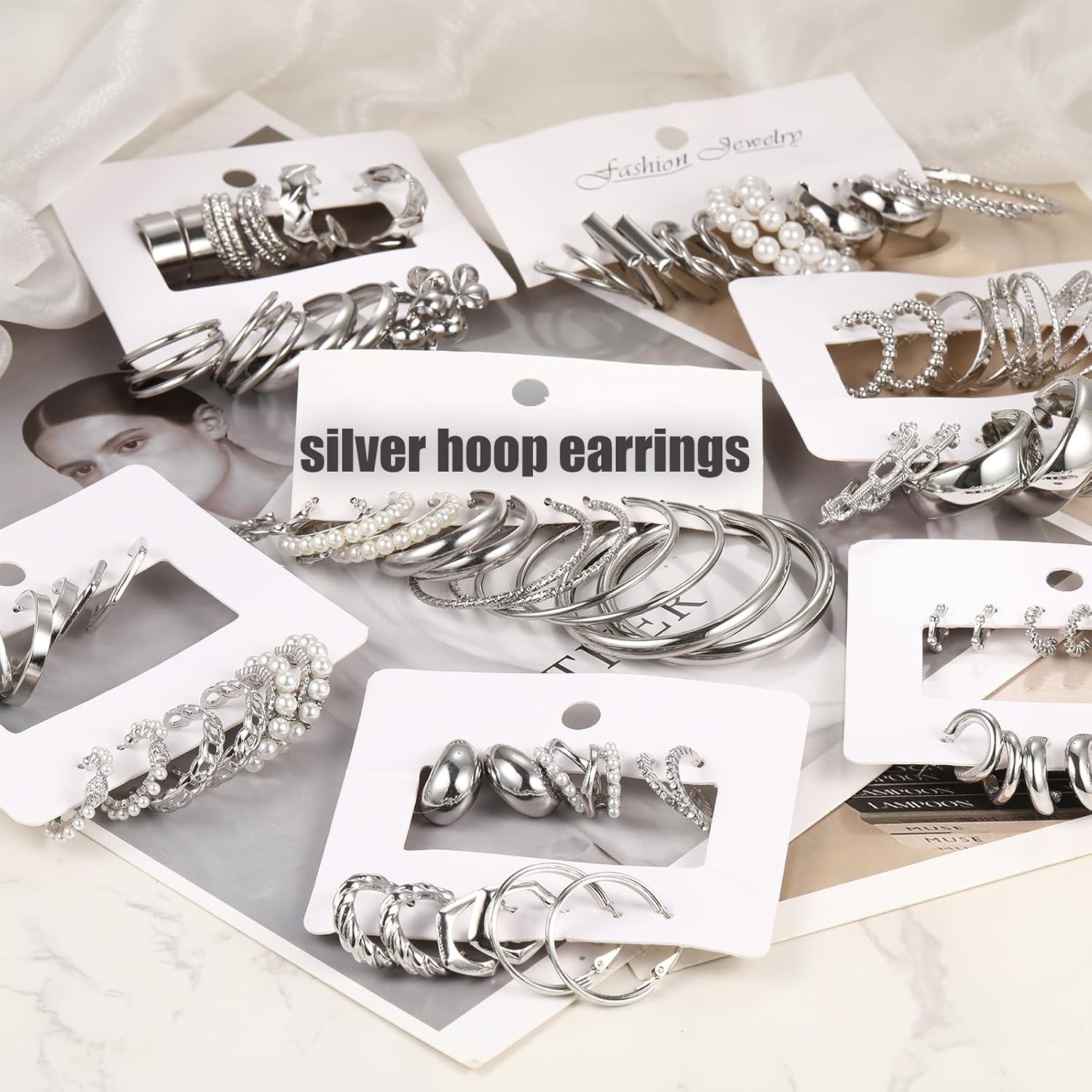 image:image42 Pairs Gold Hoop Earrings Set for Women Hypoallergenic Multipack Small to Chunky Hoops Pearl amp Twisted Trendy Earrings for Everyday Wear amp Mothers Day GiftsSliver42 pair
