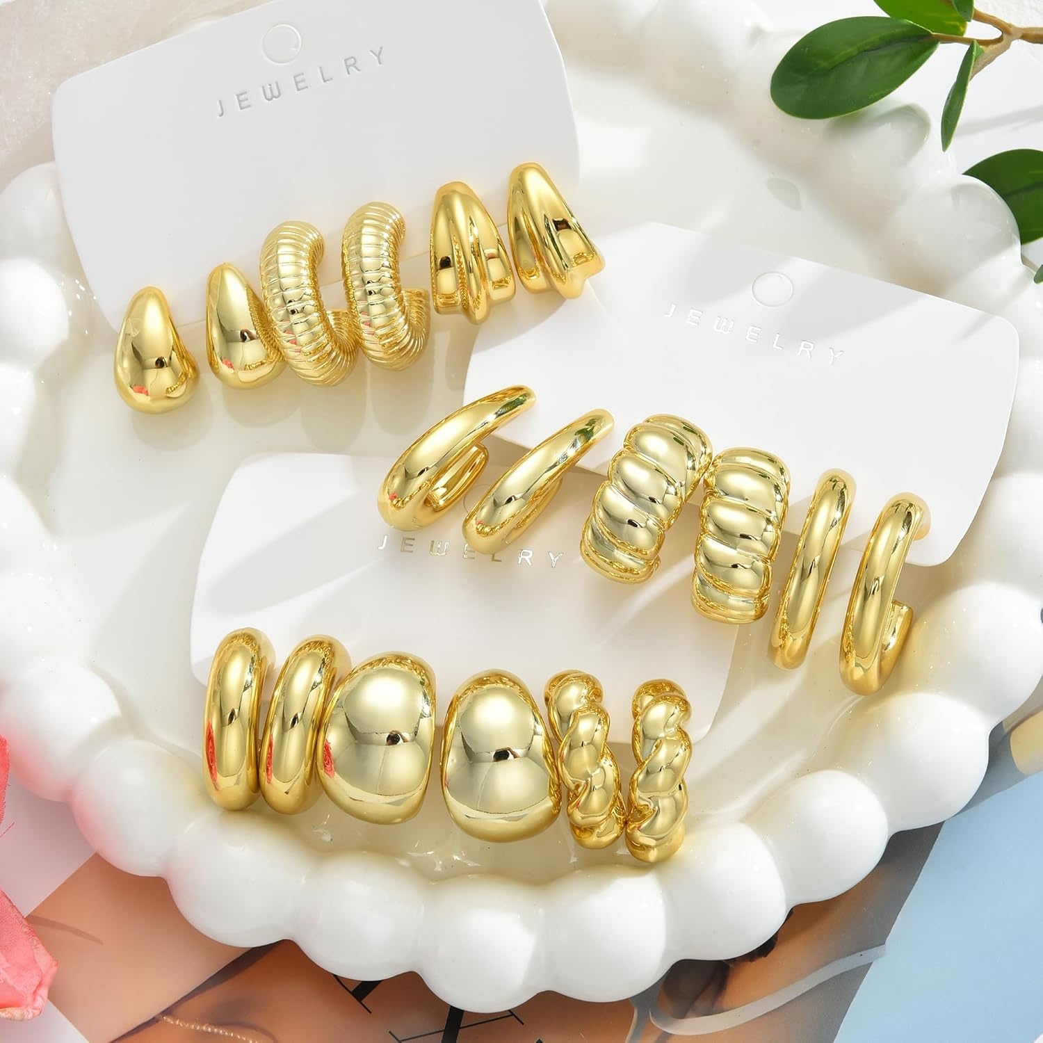 image:image42 Pairs Gold Hoop Earrings Set for Women Hypoallergenic Multipack Small to Chunky Hoops Pearl amp Twisted Trendy Earrings for Everyday Wear amp Mothers Day GiftsGoldChunky9 pairs