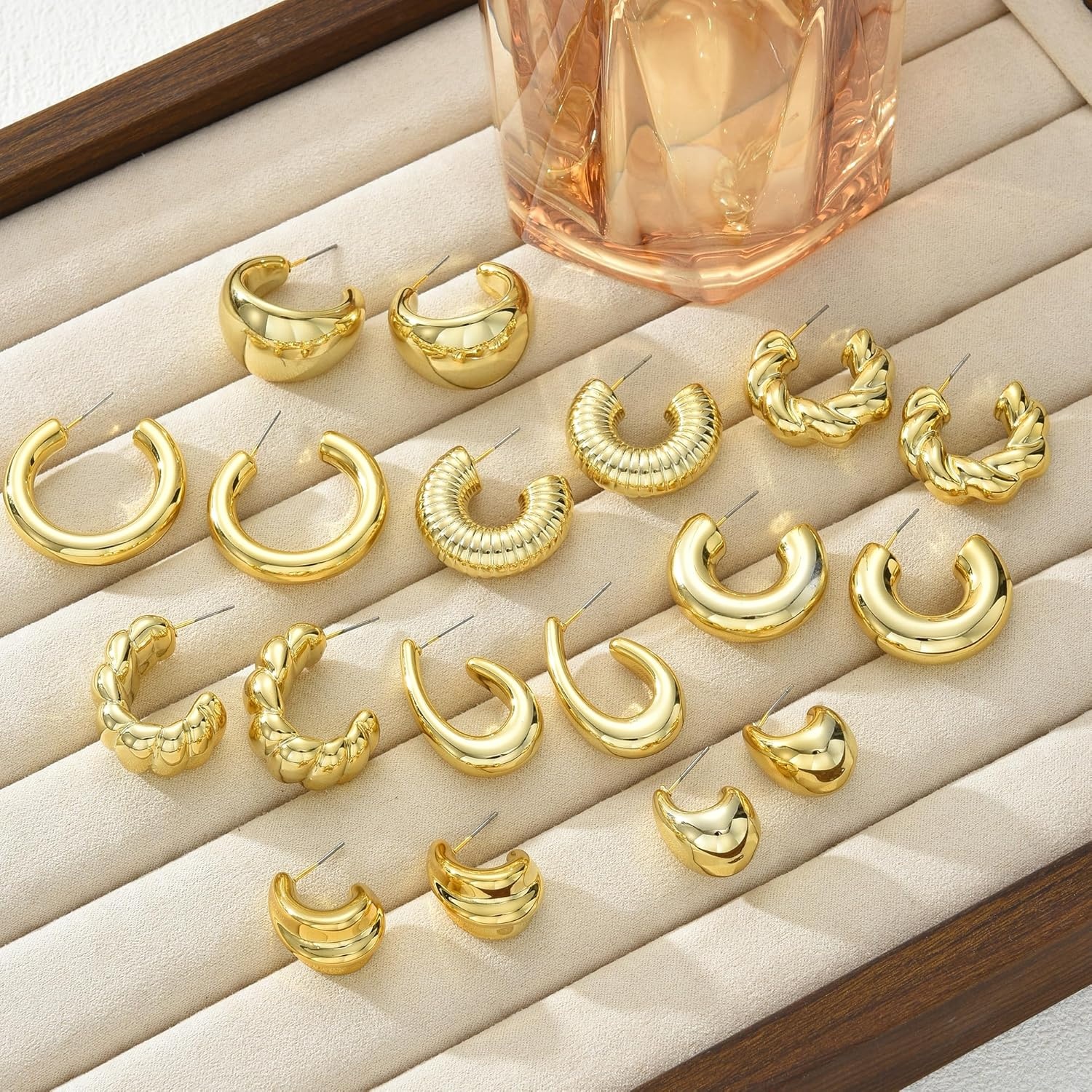 image:image42 Pairs Gold Hoop Earrings Set for Women Hypoallergenic Multipack Small to Chunky Hoops Pearl amp Twisted Trendy Earrings for Everyday Wear amp Mothers Day GiftsGoldChunky9 pairs