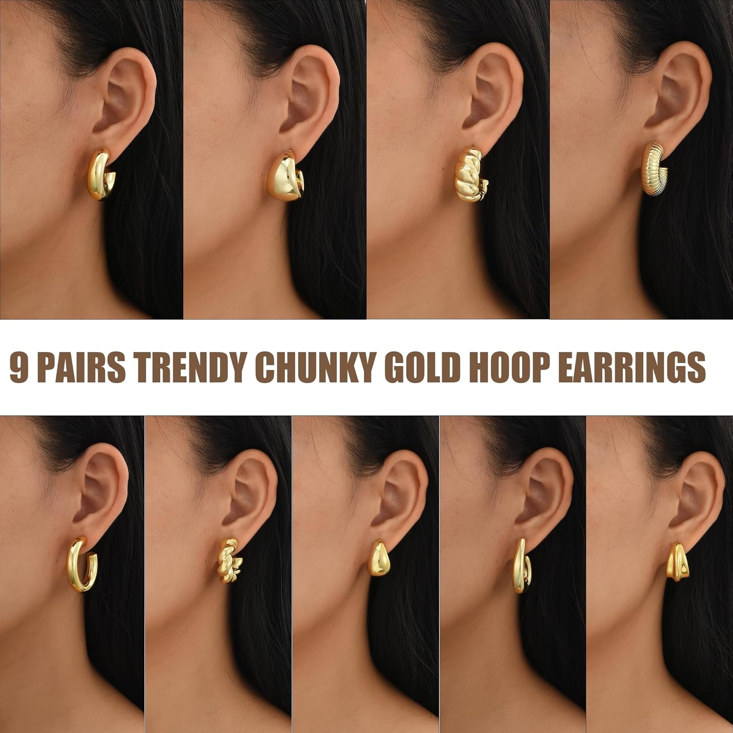 image:image42 Pairs Gold Hoop Earrings Set for Women Hypoallergenic Multipack Small to Chunky Hoops Pearl amp Twisted Trendy Earrings for Everyday Wear amp Mothers Day GiftsGoldChunky9 pairs