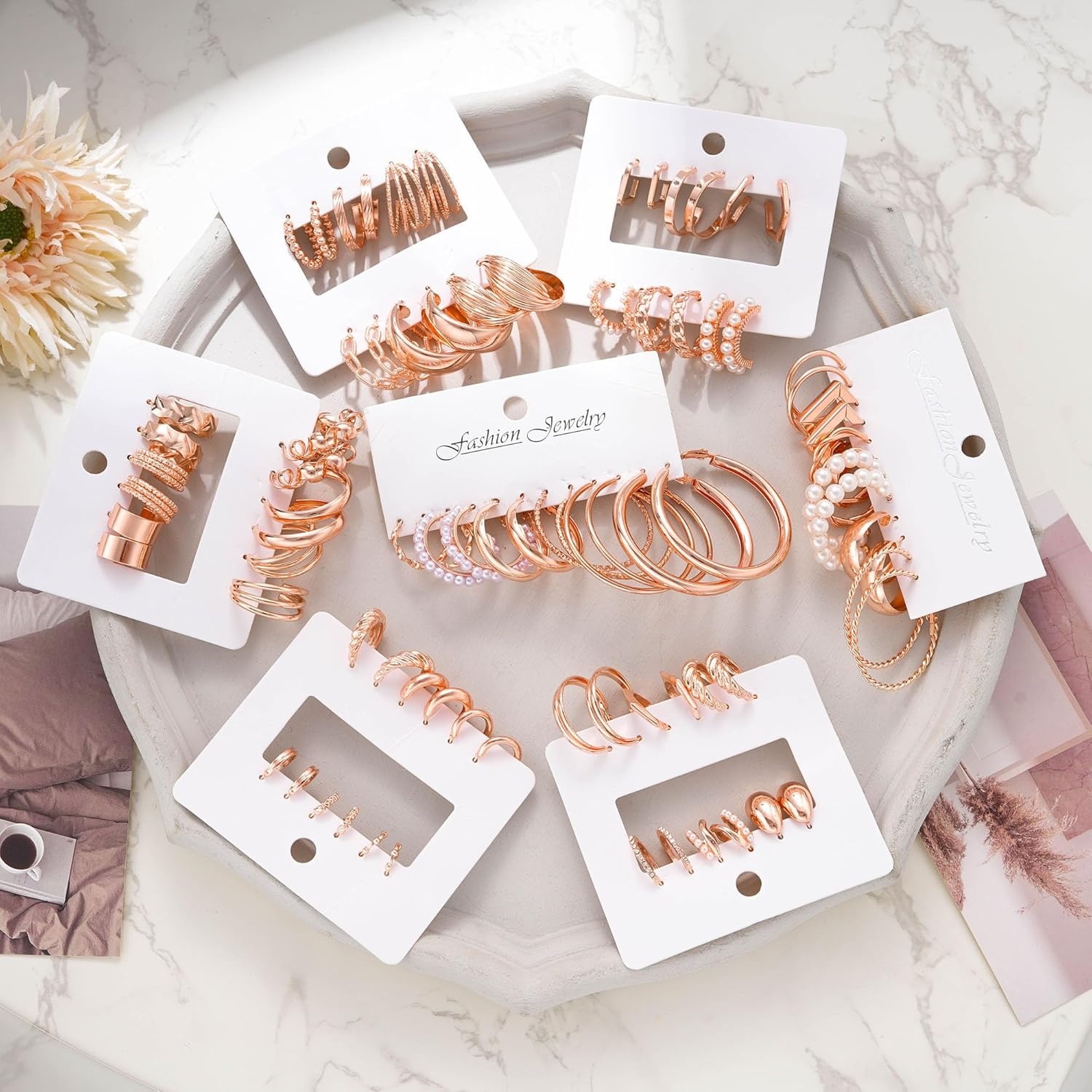 image:image42 Pairs Gold Hoop Earrings Set for Women Hypoallergenic Multipack Small to Chunky Hoops Pearl amp Twisted Trendy Earrings for Everyday Wear amp Mothers Day GiftsRose Gold42 pairs