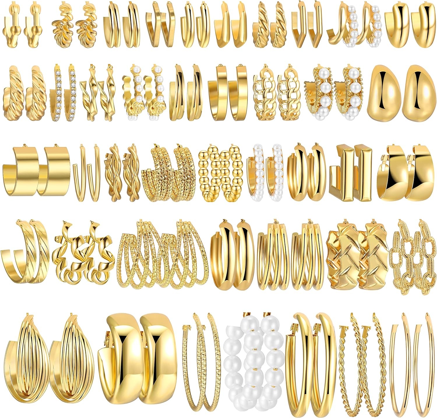 image:image42 Pairs Gold Hoop Earrings Set for Women Hypoallergenic Multipack Small to Chunky Hoops Pearl amp Twisted Trendy Earrings for Everyday Wear amp Mothers Day GiftsGold42 pairs