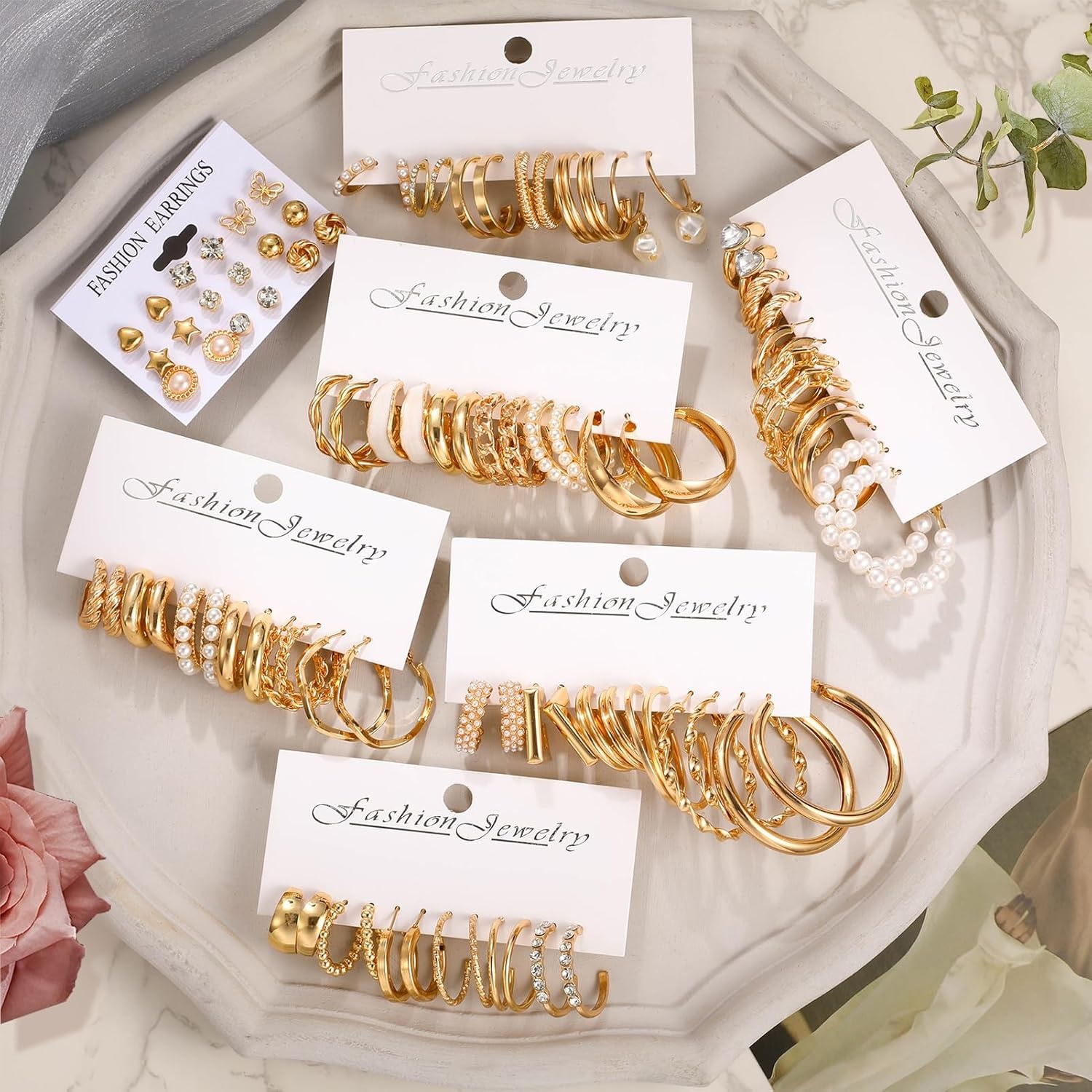 image:image42 Pairs Gold Hoop Earrings Set for Women Hypoallergenic Multipack Small to Chunky Hoops Pearl amp Twisted Trendy Earrings for Everyday Wear amp Mothers Day GiftsGold45 pairs