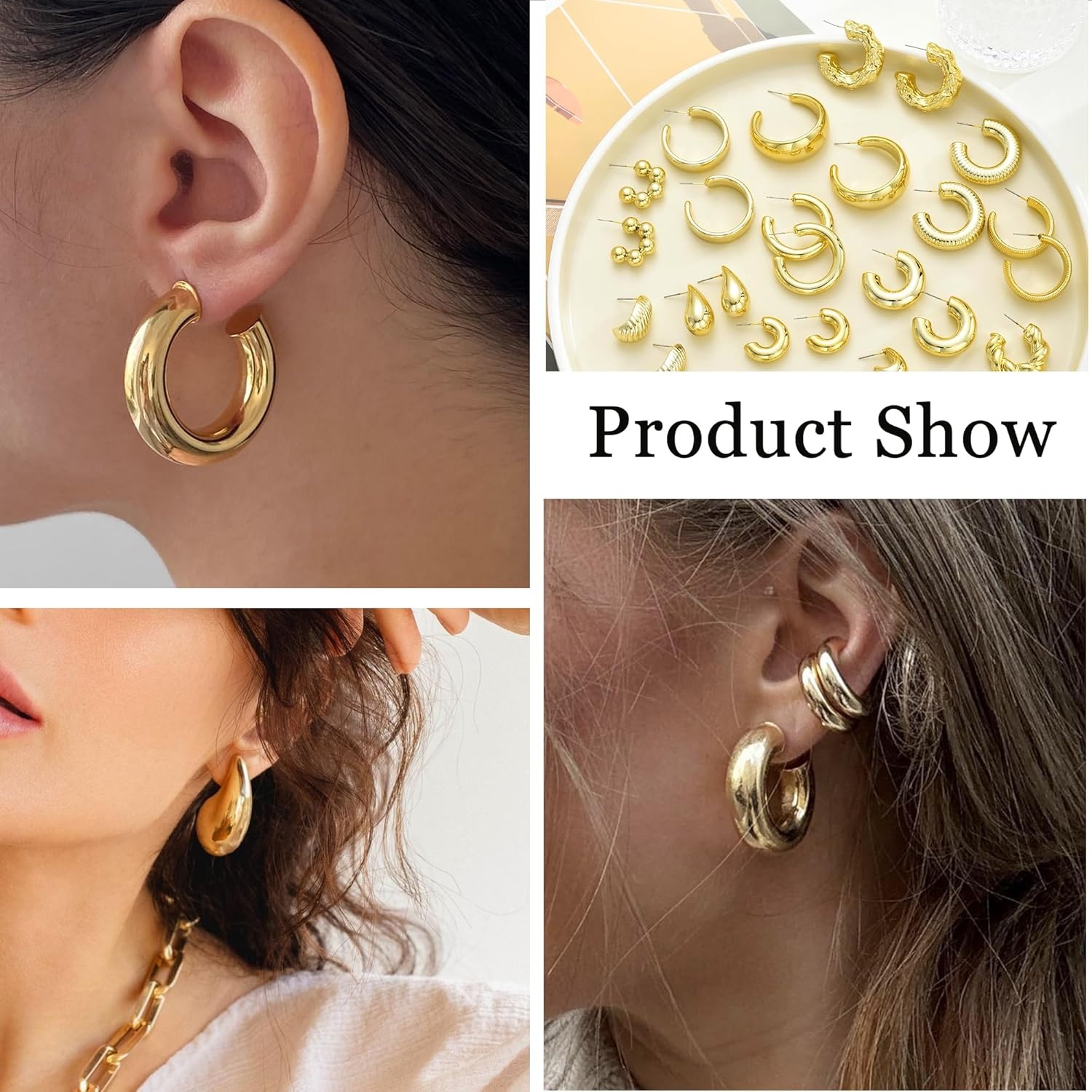 image:image46 Pairs Gold Hoop Earrings Set for Women Fashion Hypoallergenic Chunky Twisted Pearl Stud Earrings Multipack Small Big Hoops Earring Packs Trendy for Christmas Birthday Party Jewelry Gift15 pairs gold