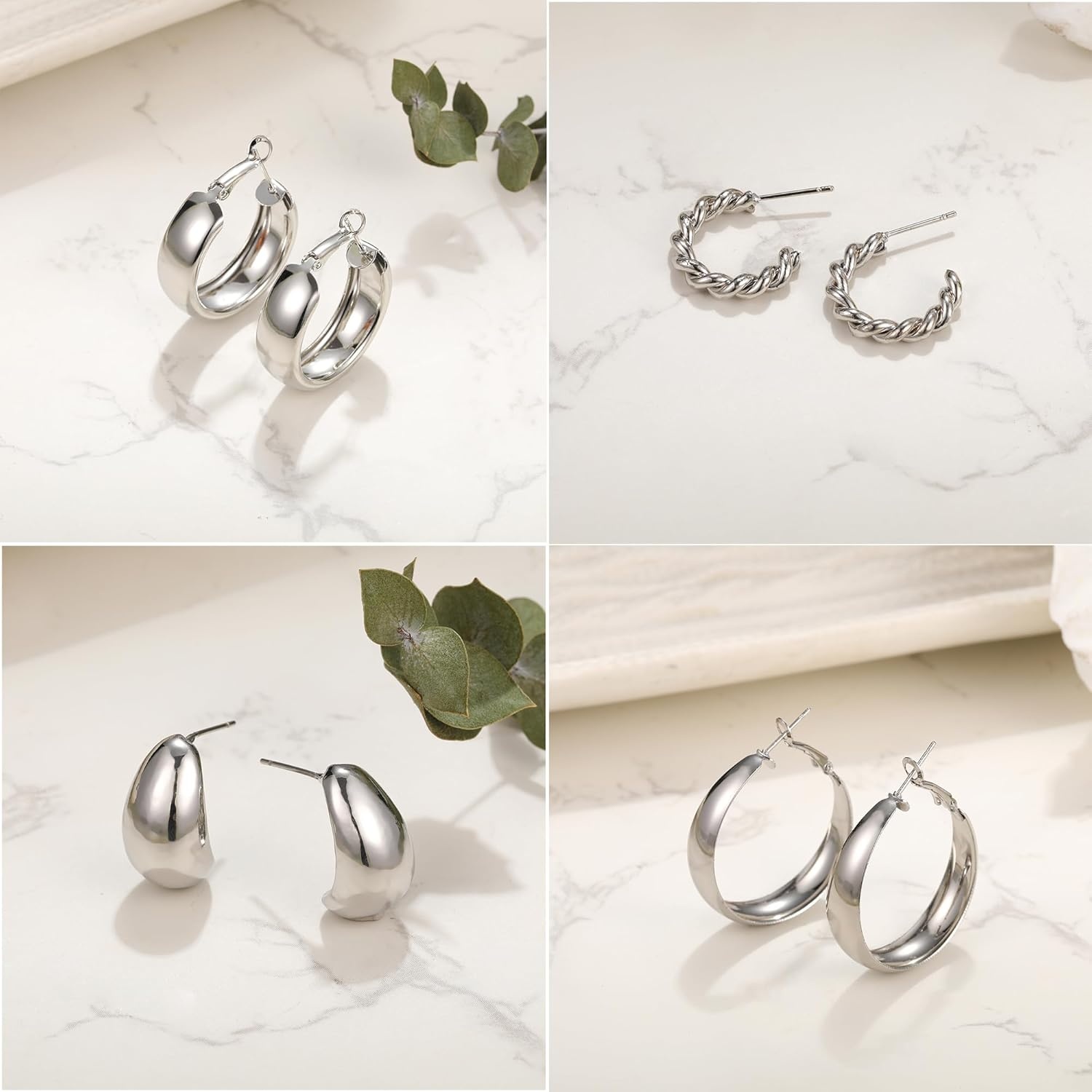 image:image46 Pairs Gold Hoop Earrings Set for Women Fashion Hypoallergenic Chunky Twisted Pearl Stud Earrings Multipack Small Big Hoops Earring Packs Trendy for Christmas Birthday Party Jewelry Gift02Silver