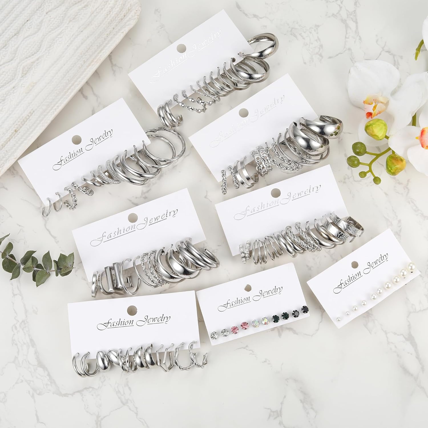 image:image46 Pairs Gold Hoop Earrings Set for Women Fashion Hypoallergenic Chunky Twisted Pearl Stud Earrings Multipack Small Big Hoops Earring Packs Trendy for Christmas Birthday Party Jewelry Gift02Silver