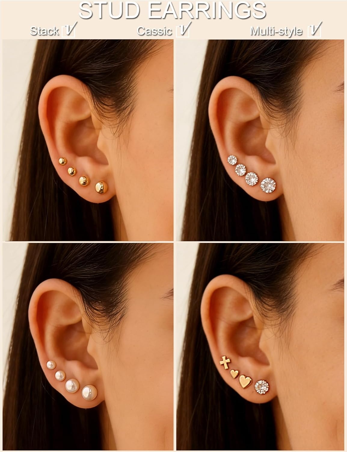 image:image75 Pairs Gold Stud Earrings Set for Women Trendy Hypoallergenic Pearl Cubic Zirconia Multiple Piercings Earrings Packs Stud Hoops Earrings for Gift Jewelrygold stud