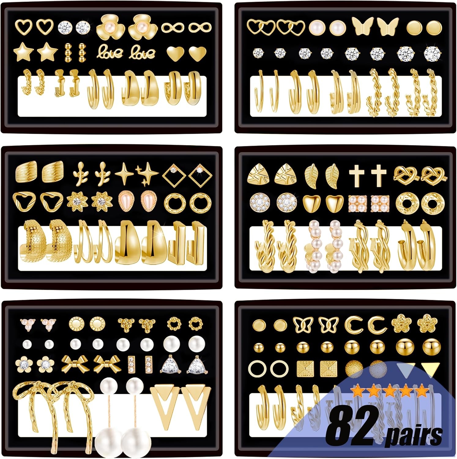image:image82 Pairs Gold Earrings for Women Trendy Pearl Bow Small Hoop Stud Earrings Pack Earring Set Multiple Piercing for Birthday Party Gift1gold