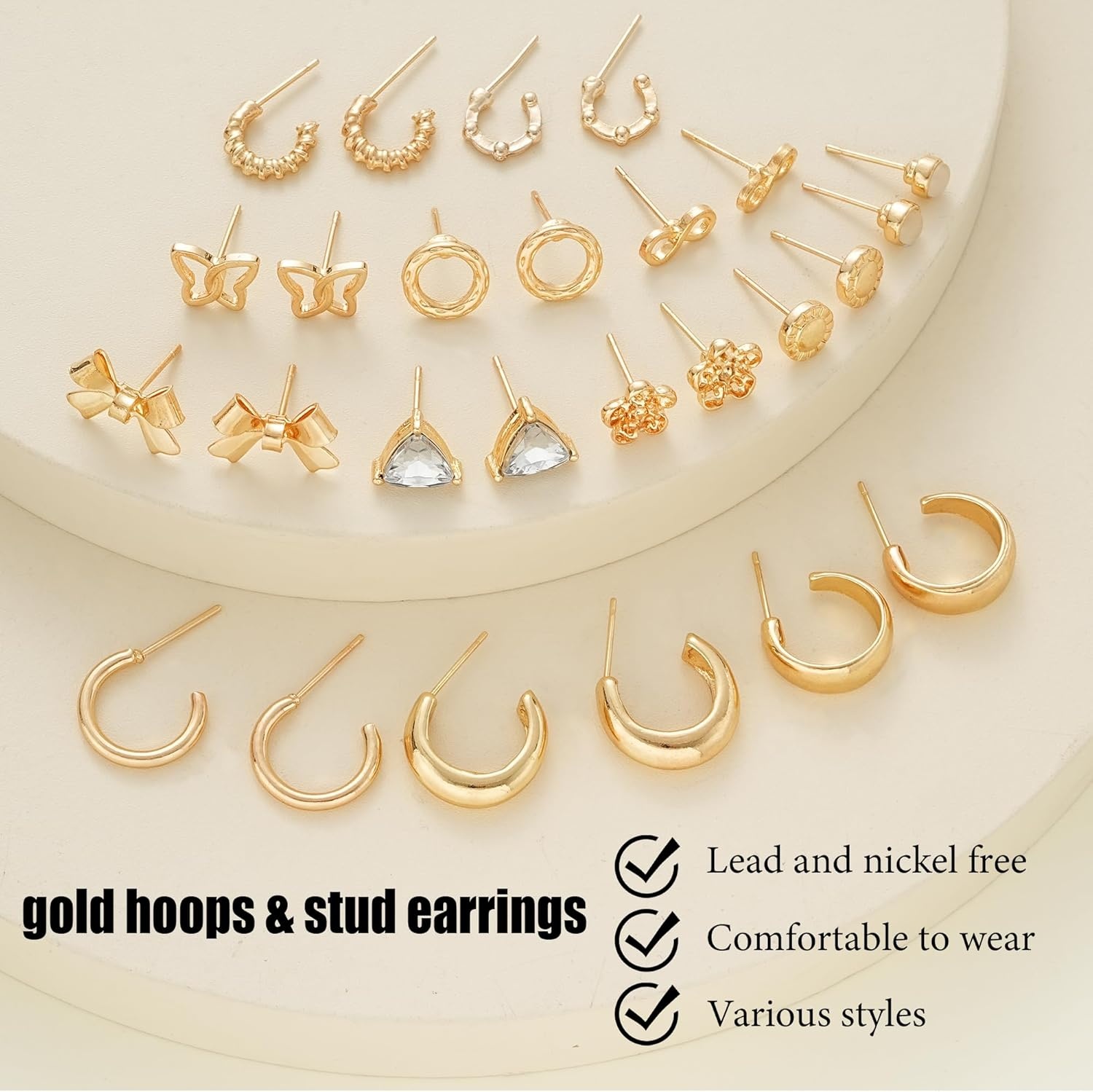 image:image82 Pairs Gold Earrings for Women Trendy Pearl Bow Small Hoop Stud Earrings Pack Earring Set Multiple Piercing for Birthday Party Gift1gold