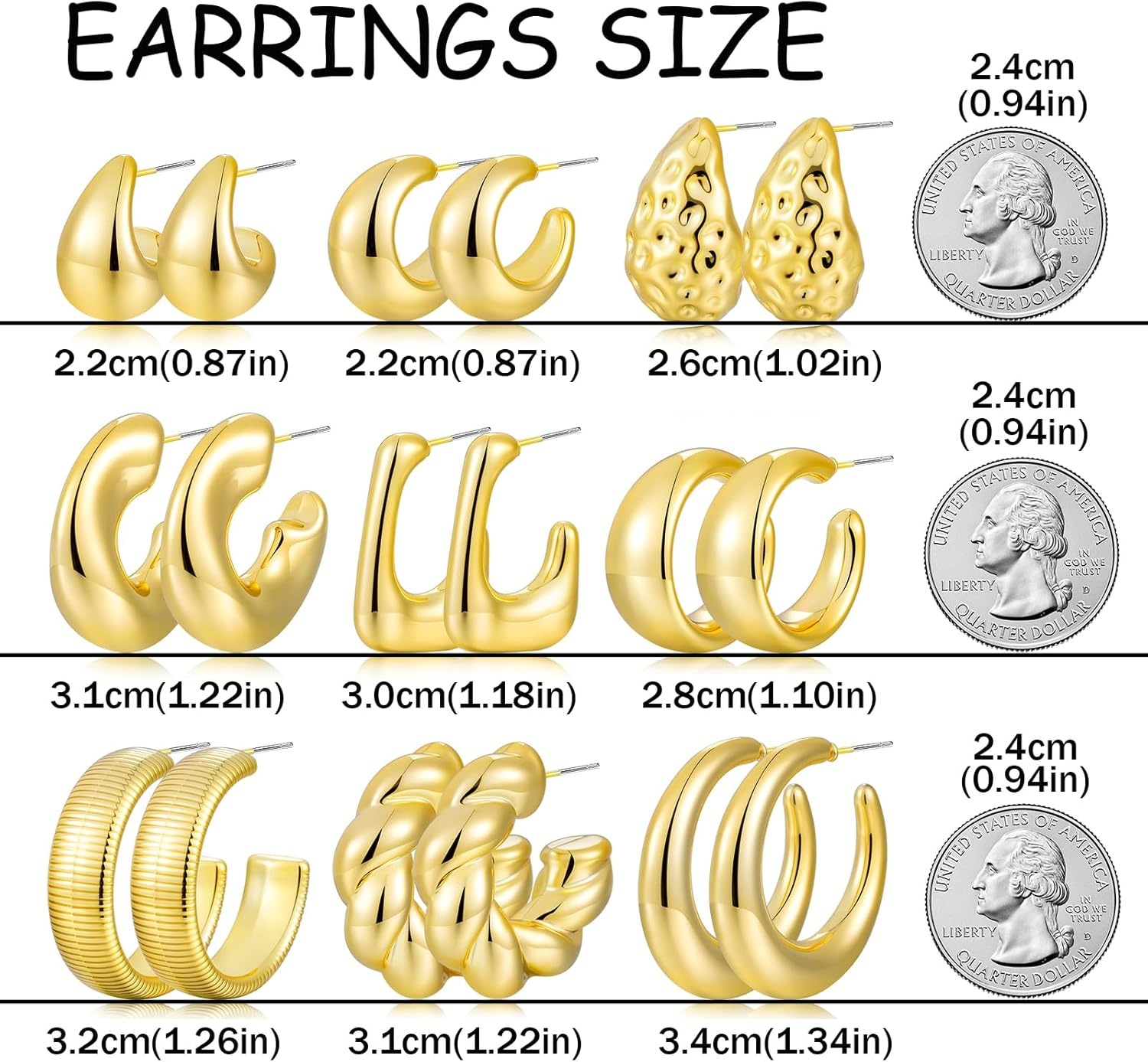 image:image9 Pairs Gold Hoop Earrings for Women Trendy Thick Twisted Gold Earrings Lightweight Chunky Hoop Earring Set Jewelry for GiftsAGold