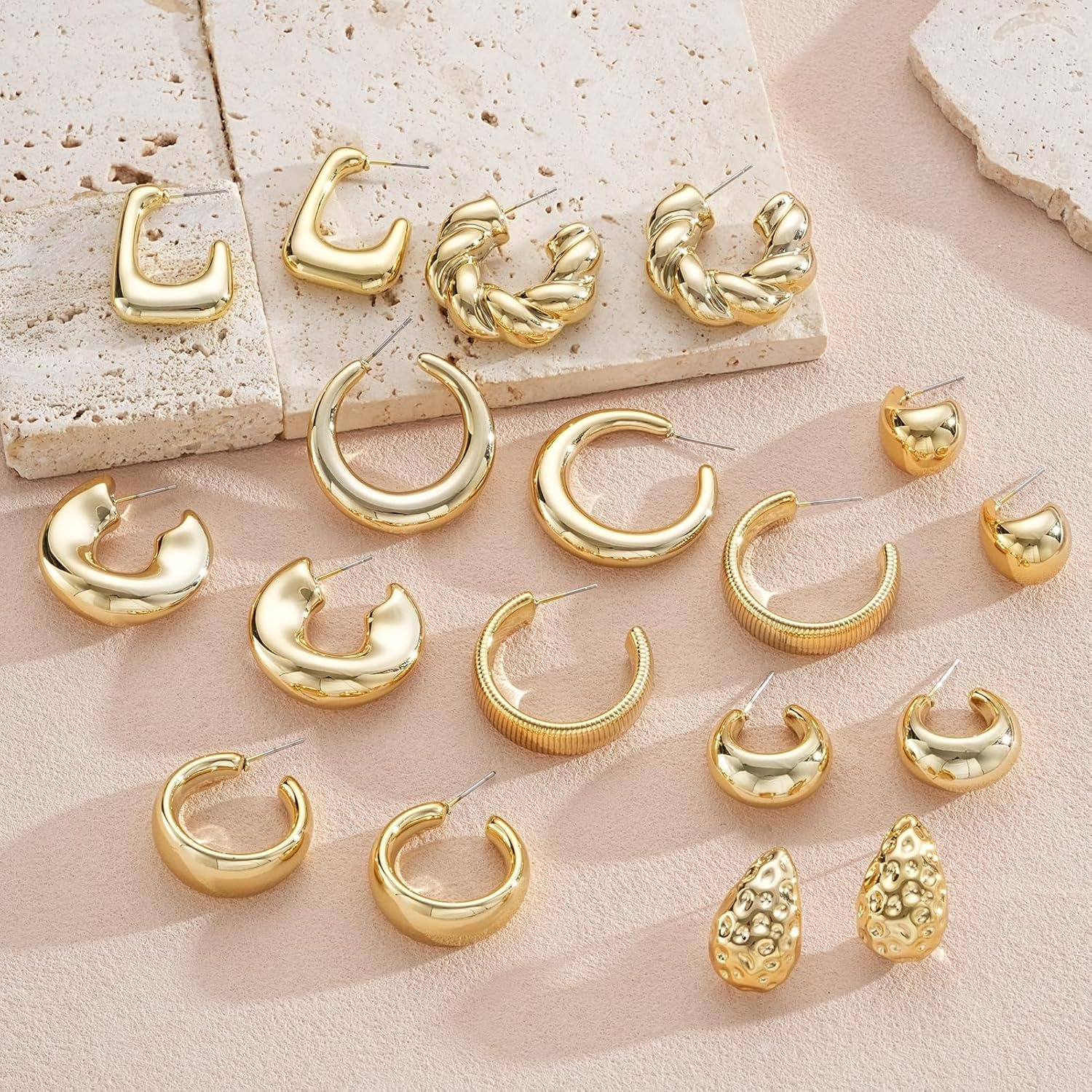 image:image9 Pairs Gold Hoop Earrings for Women Trendy Thick Twisted Gold Earrings Lightweight Chunky Hoop Earring Set Jewelry for GiftsAGold