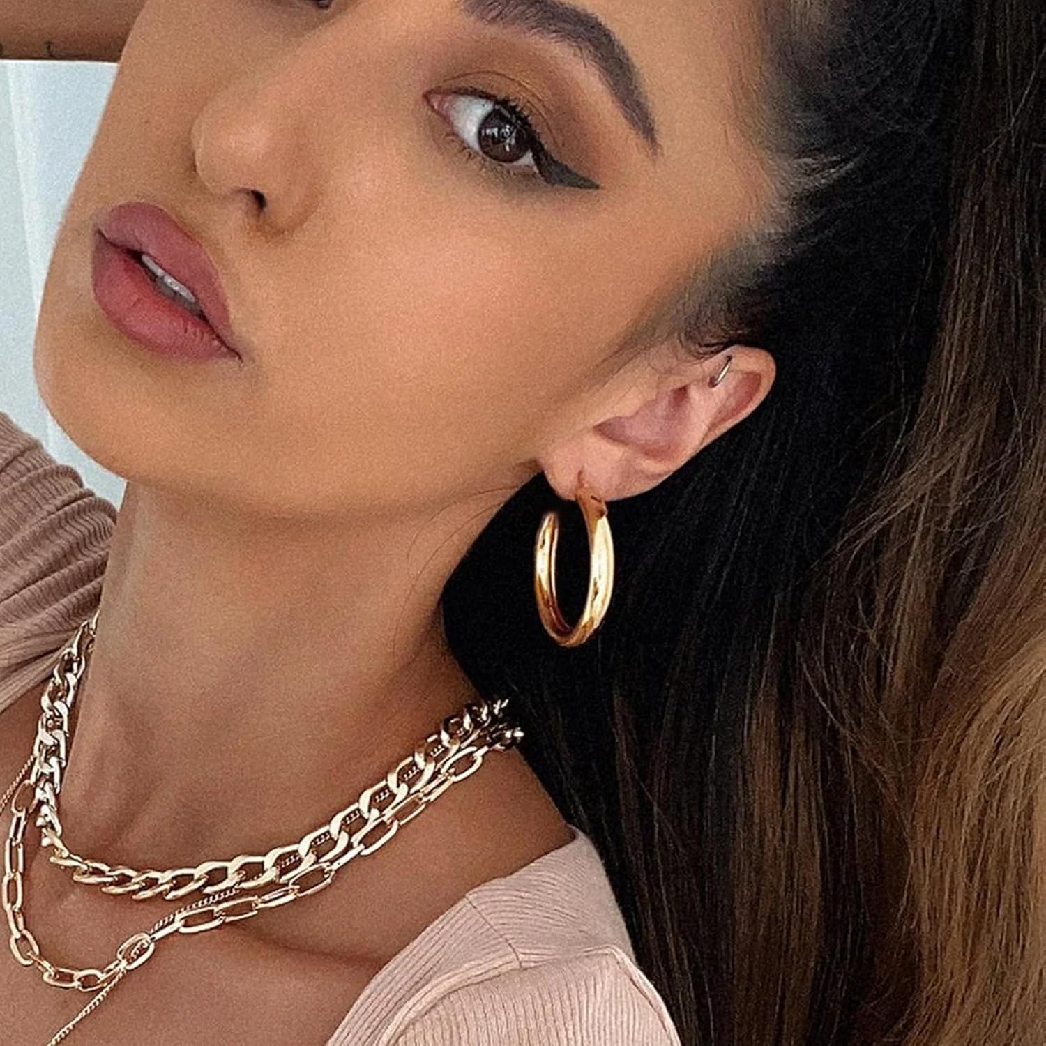 image:image9 Pairs Gold Hoop Earrings for Women Trendy Thick Twisted Gold Earrings Lightweight Chunky Hoop Earring Set Jewelry for GiftsAGold