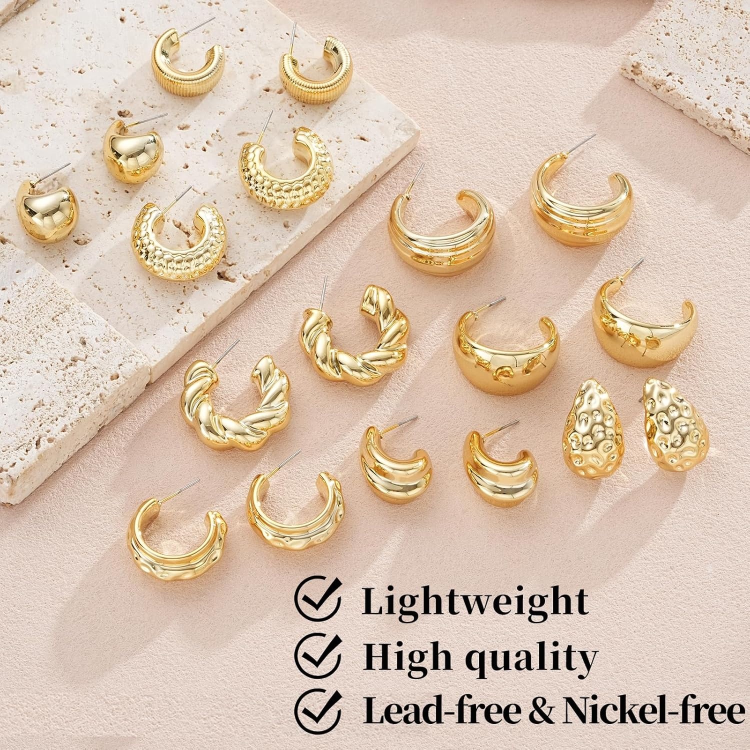 image:image9 Pairs Gold Hoop Earrings for Women Trendy Thick Twisted Gold Earrings Lightweight Chunky Hoop Earring Set Jewelry for GiftsBGold