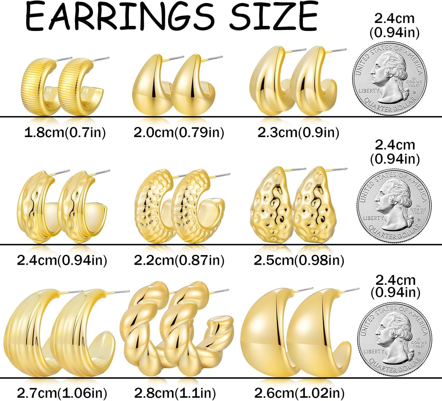 image:image9 Pairs Gold Hoop Earrings for Women Trendy Thick Twisted Gold Earrings Lightweight Chunky Hoop Earring Set Jewelry for GiftsBGold