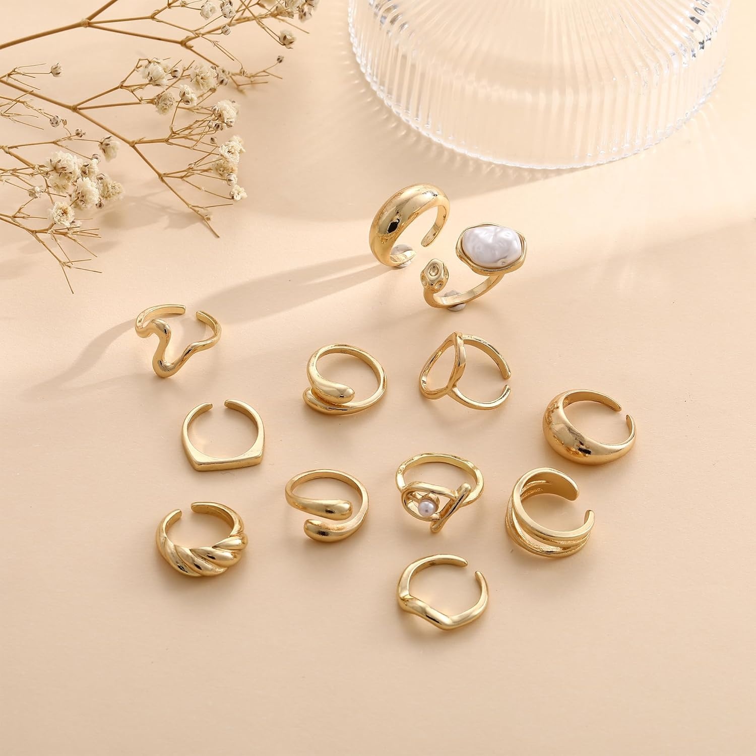 image:imageFAXHION 12 PCS Chunky Gold Rings for Women Non Tarnish Statement Flower Ring 14K Gold Plated Stackable Open Stacking Rings Big Knuckle Trendy Ring Set Jewelry GiftGOLD3