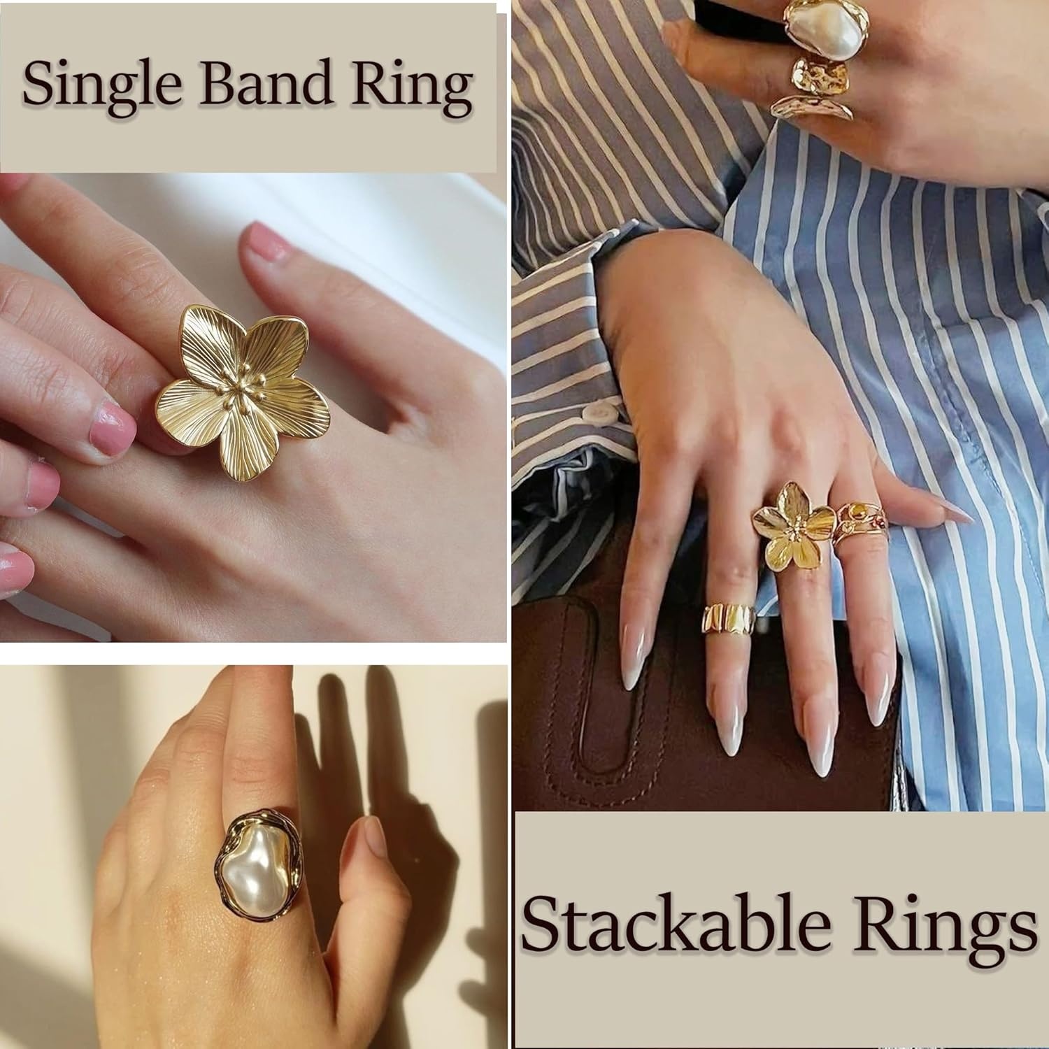 image:imageFAXHION 12 PCS Chunky Gold Rings for Women Non Tarnish Statement Flower Ring 14K Gold Plated Stackable Open Stacking Rings Big Knuckle Trendy Ring Set Jewelry GiftGOLD