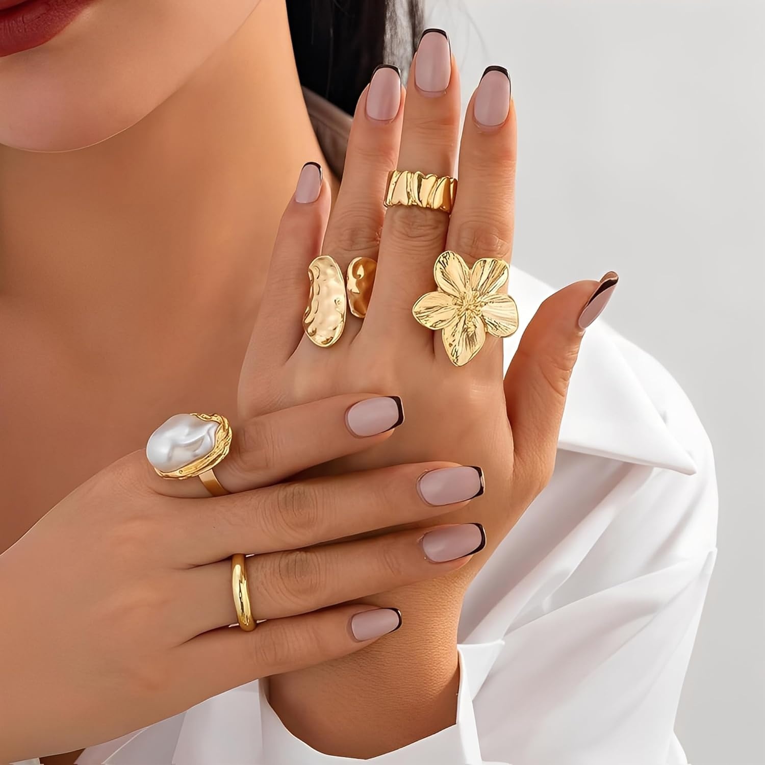 image:imageFAXHION 12 PCS Chunky Gold Rings for Women Non Tarnish Statement Flower Ring 14K Gold Plated Stackable Open Stacking Rings Big Knuckle Trendy Ring Set Jewelry GiftGOLD