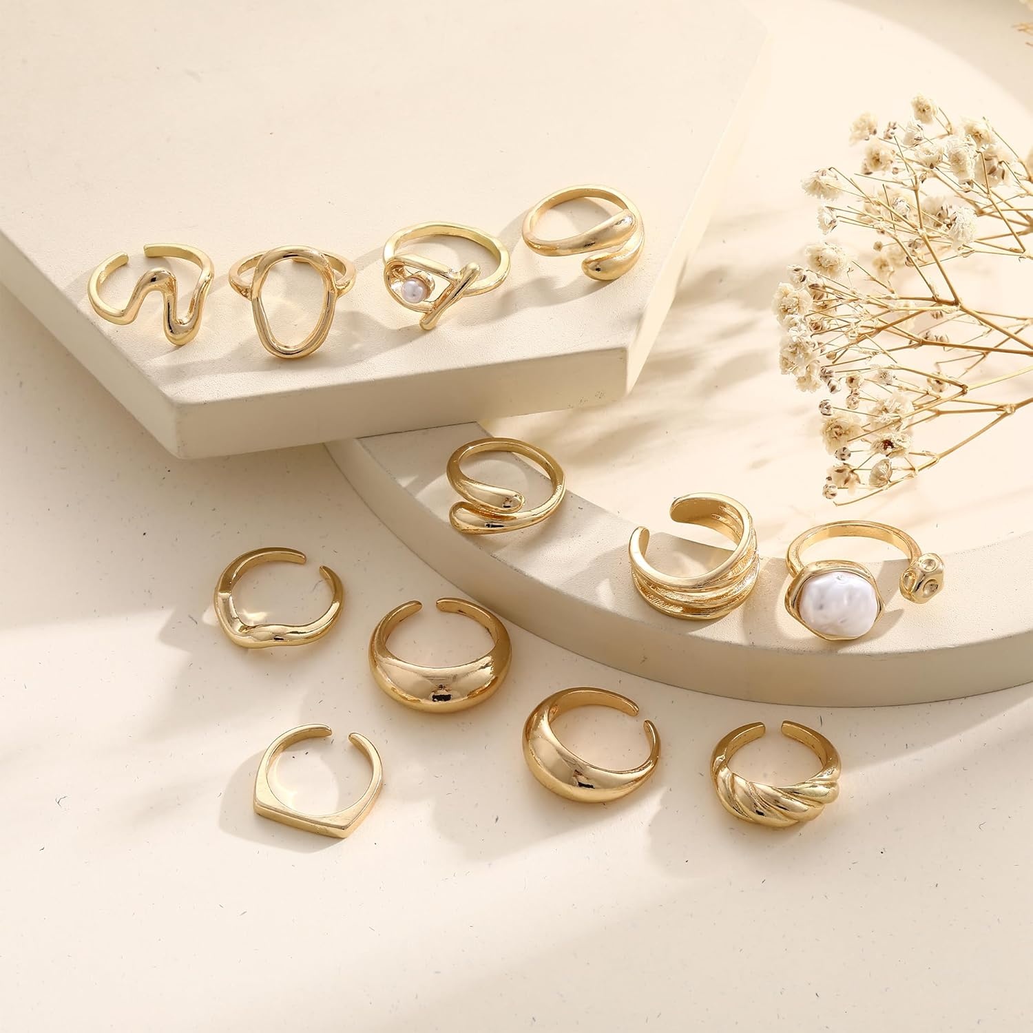 image:imageFAXHION 12 PCS Chunky Gold Rings for Women Non Tarnish Statement Flower Ring 14K Gold Plated Stackable Open Stacking Rings Big Knuckle Trendy Ring Set Jewelry GiftGOLD3