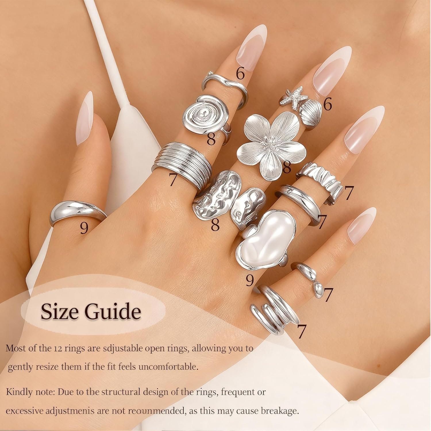 image:imageFAXHION 12 PCS Chunky Gold Rings for Women Non Tarnish Statement Flower Ring 14K Gold Plated Stackable Open Stacking Rings Big Knuckle Trendy Ring Set Jewelry GiftSILVER