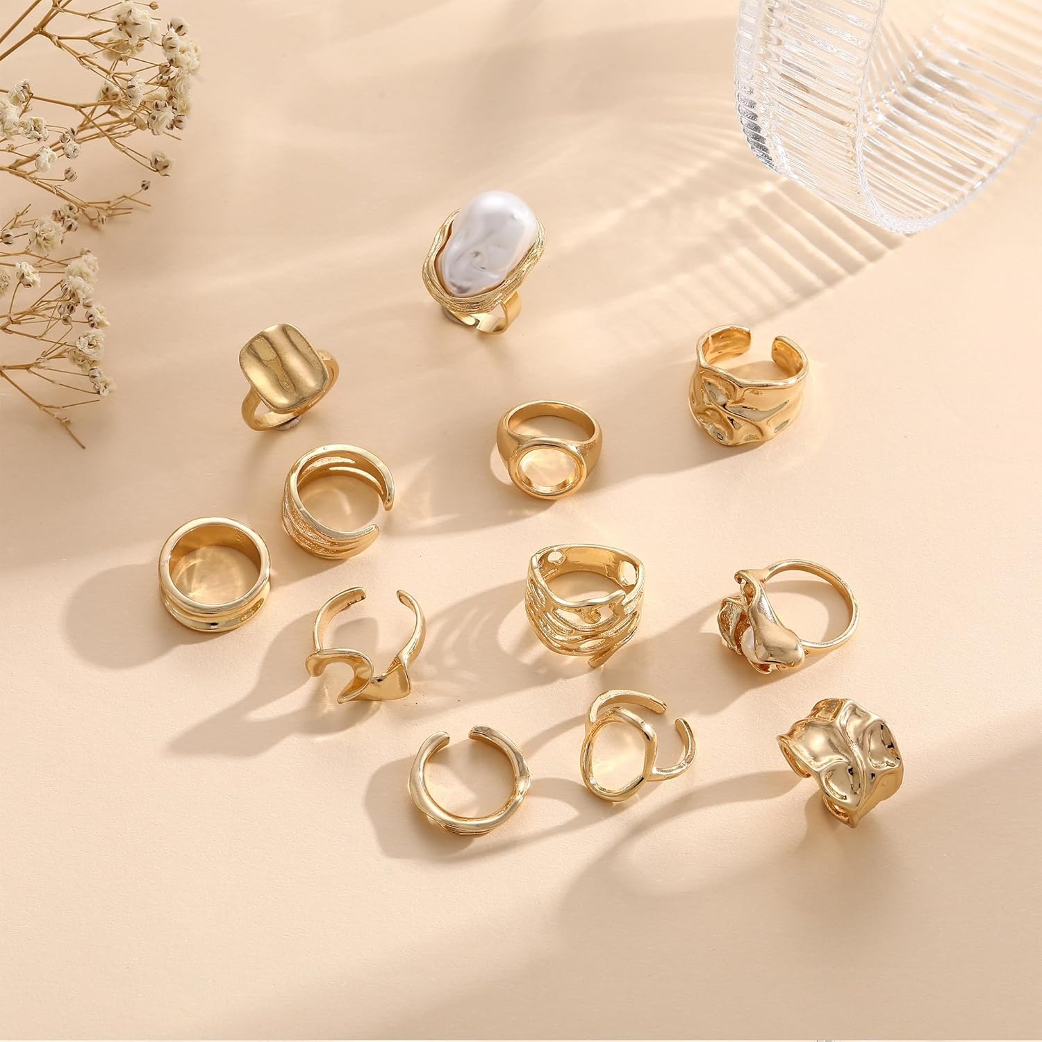 image:imageFAXHION 12 PCS Chunky Gold Rings for Women Non Tarnish Statement Flower Ring 14K Gold Plated Stackable Open Stacking Rings Big Knuckle Trendy Ring Set Jewelry GiftGOLD4