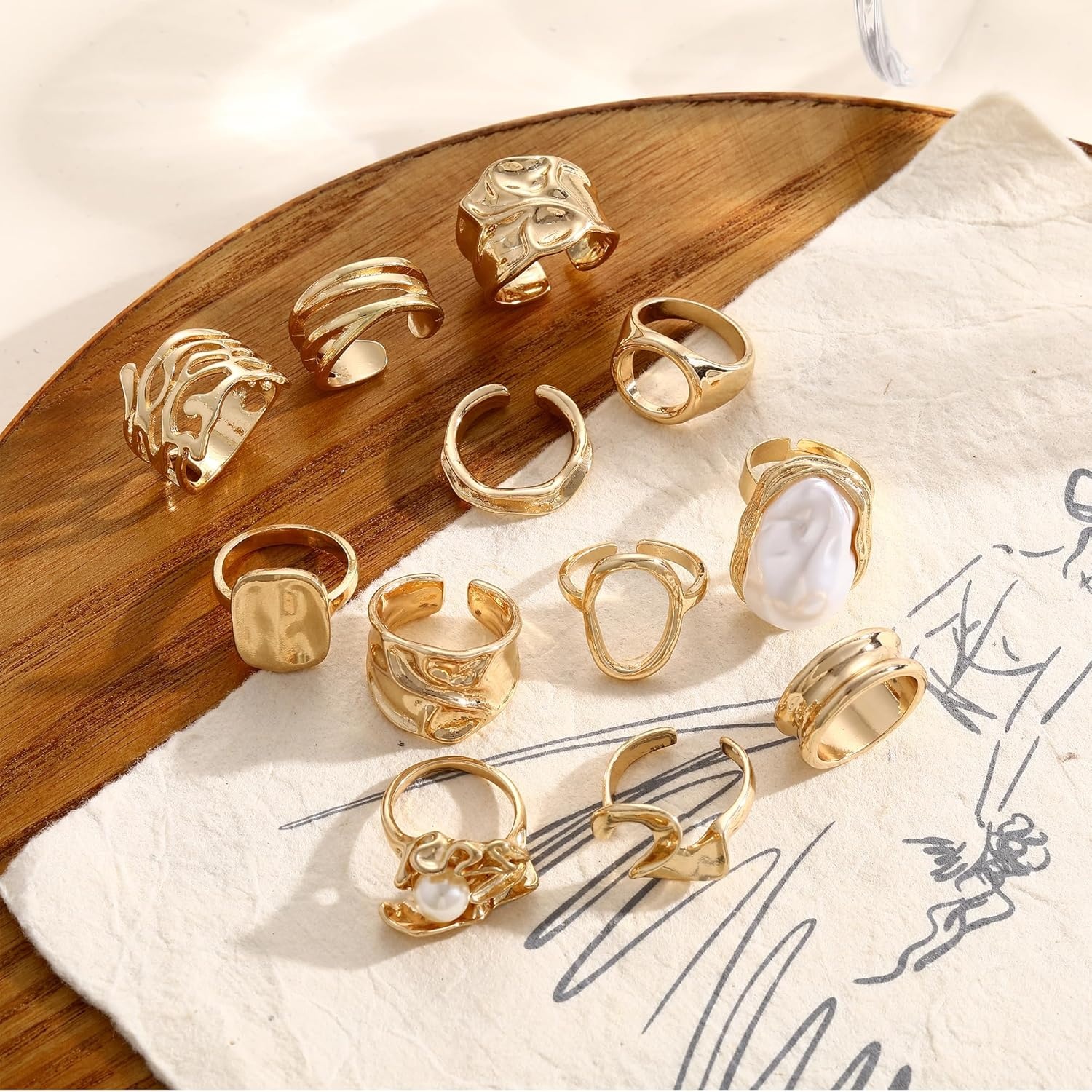 image:imageFAXHION 12 PCS Chunky Gold Rings for Women Non Tarnish Statement Flower Ring 14K Gold Plated Stackable Open Stacking Rings Big Knuckle Trendy Ring Set Jewelry GiftGOLD4