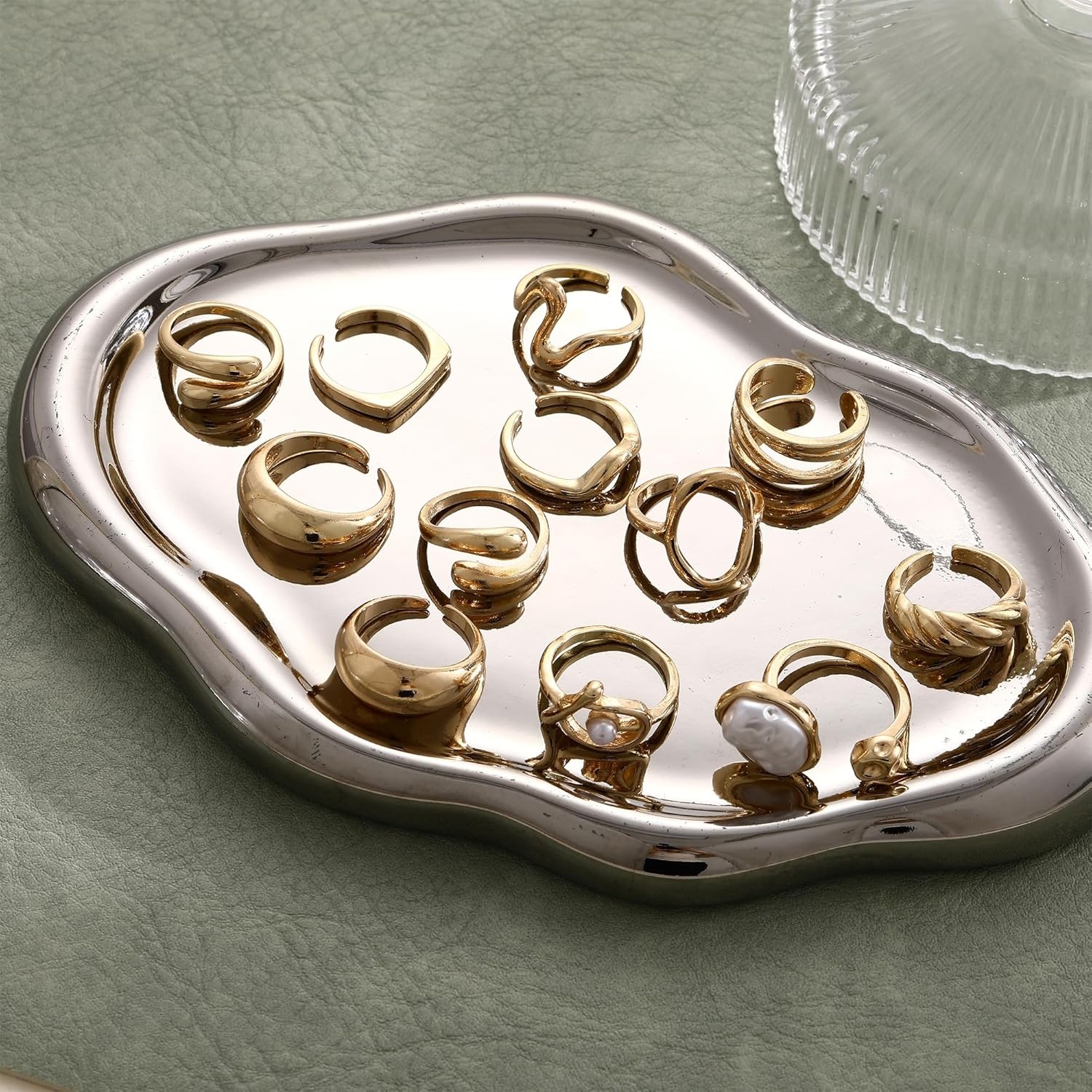 image:imageFAXHION 12 PCS Chunky Gold Rings for Women Non Tarnish Statement Flower Ring 14K Gold Plated Stackable Open Stacking Rings Big Knuckle Trendy Ring Set Jewelry GiftGOLD3