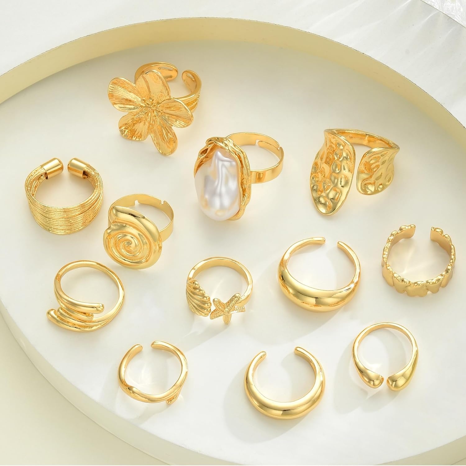 image:imageFAXHION 12 PCS Chunky Gold Rings for Women Non Tarnish Statement Flower Ring 14K Gold Plated Stackable Open Stacking Rings Big Knuckle Trendy Ring Set Jewelry GiftGOLD