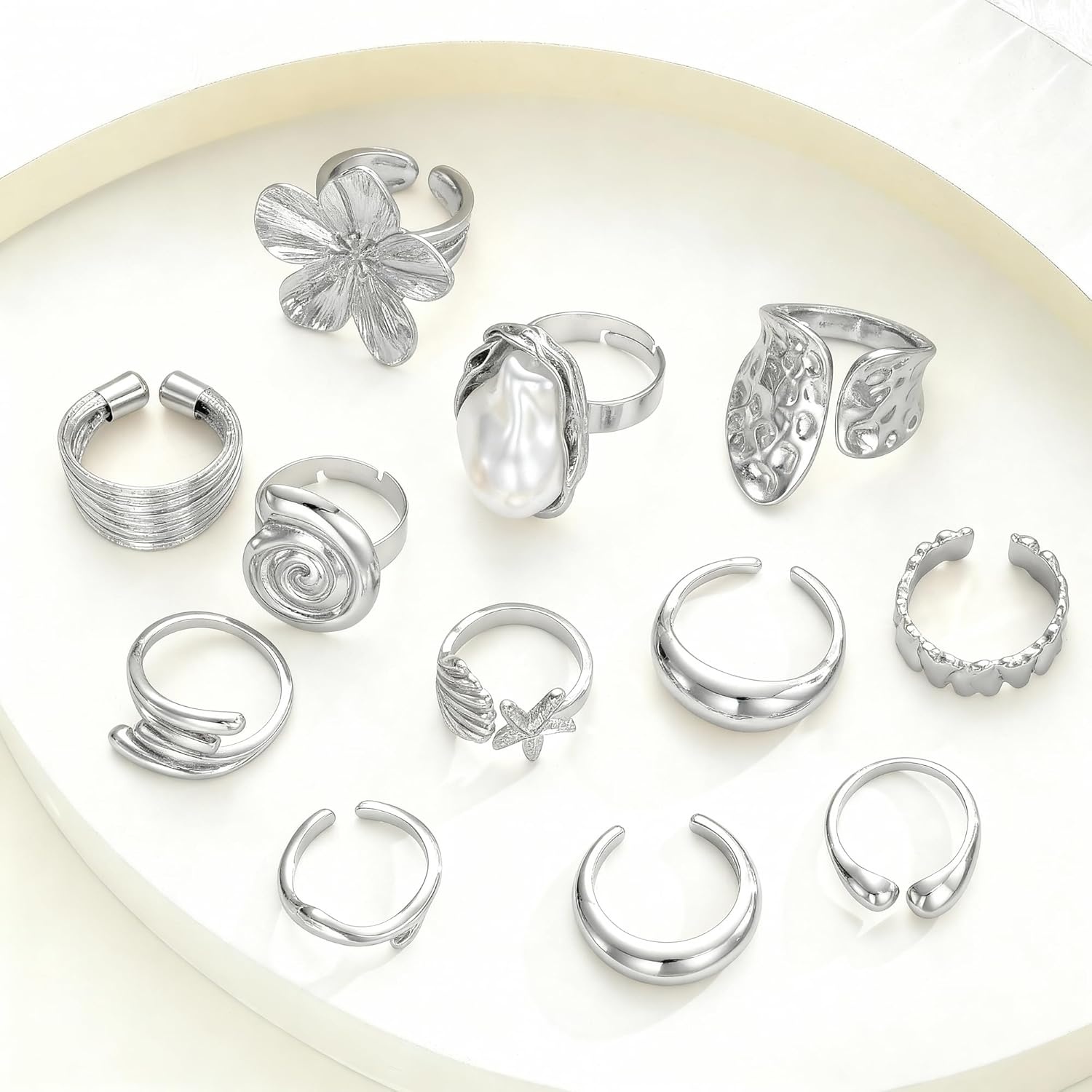 image:imageFAXHION 12 PCS Chunky Gold Rings for Women Non Tarnish Statement Flower Ring 14K Gold Plated Stackable Open Stacking Rings Big Knuckle Trendy Ring Set Jewelry GiftSILVER