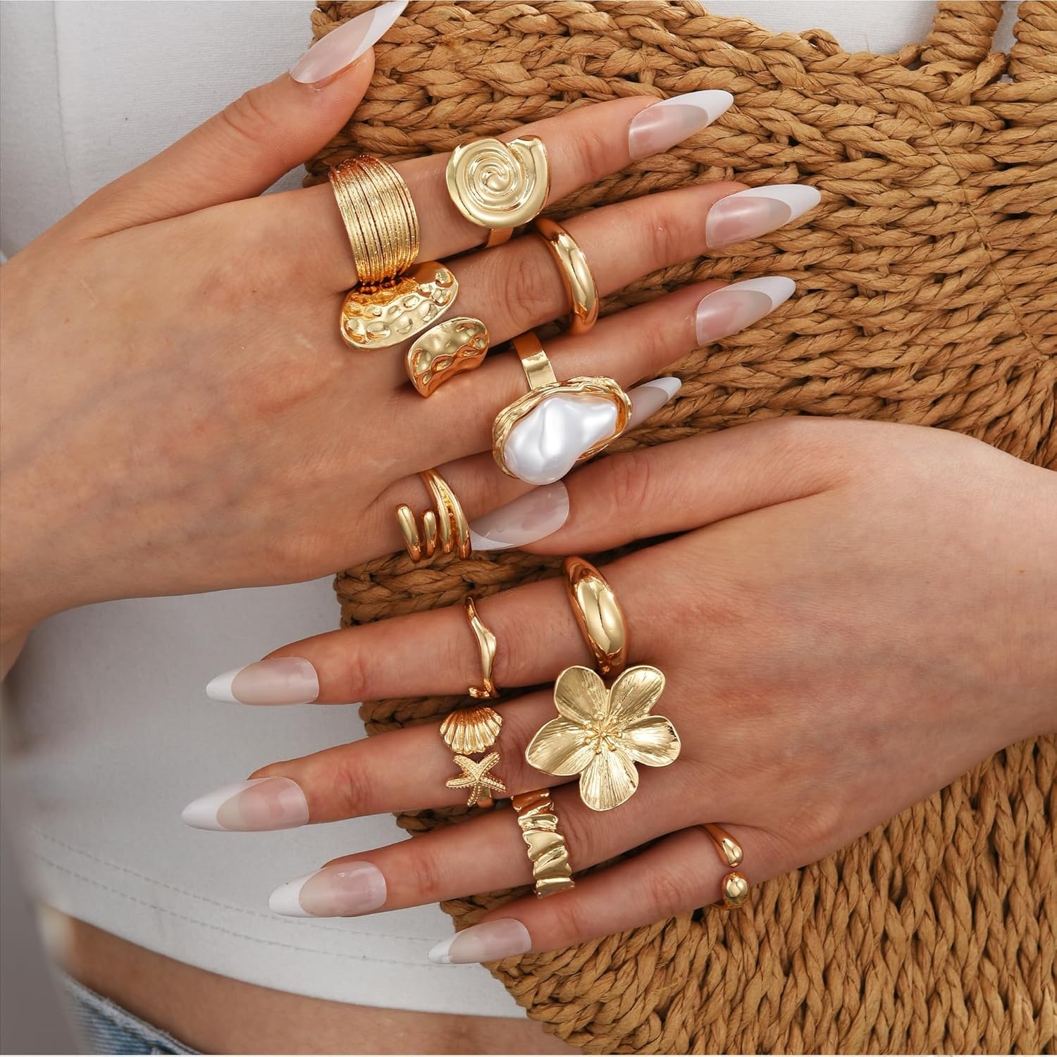 image:imageFAXHION 12 PCS Chunky Gold Rings for Women Non Tarnish Statement Flower Ring 14K Gold Plated Stackable Open Stacking Rings Big Knuckle Trendy Ring Set Jewelry GiftGOLD