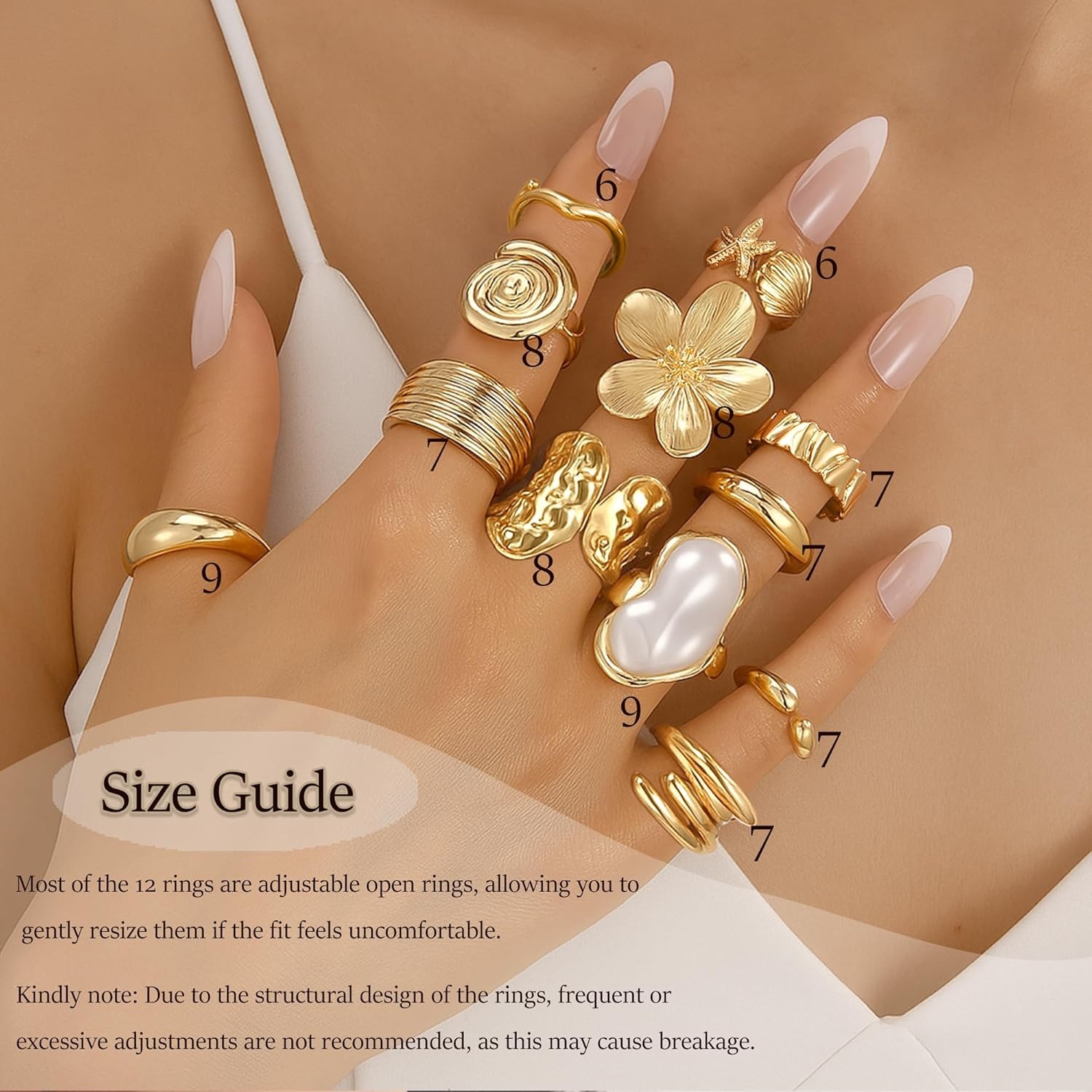 image:imageFAXHION 12 PCS Chunky Gold Rings for Women Non Tarnish Statement Flower Ring 14K Gold Plated Stackable Open Stacking Rings Big Knuckle Trendy Ring Set Jewelry GiftGOLD