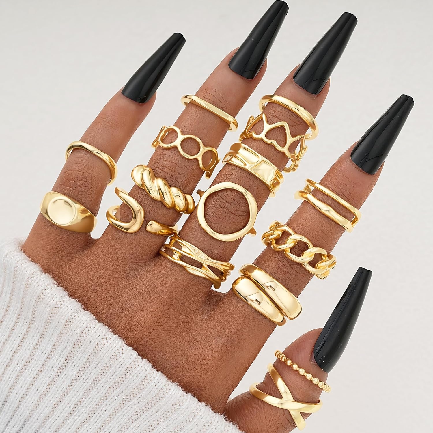 image:imageFAXHION 16 PCS Gold Chunky Rings Set for Women Gold Stackable Open Rings Trendy Dainty Statement Women Rings Pack Jewelry Gifts16 pcs gold chunky rings