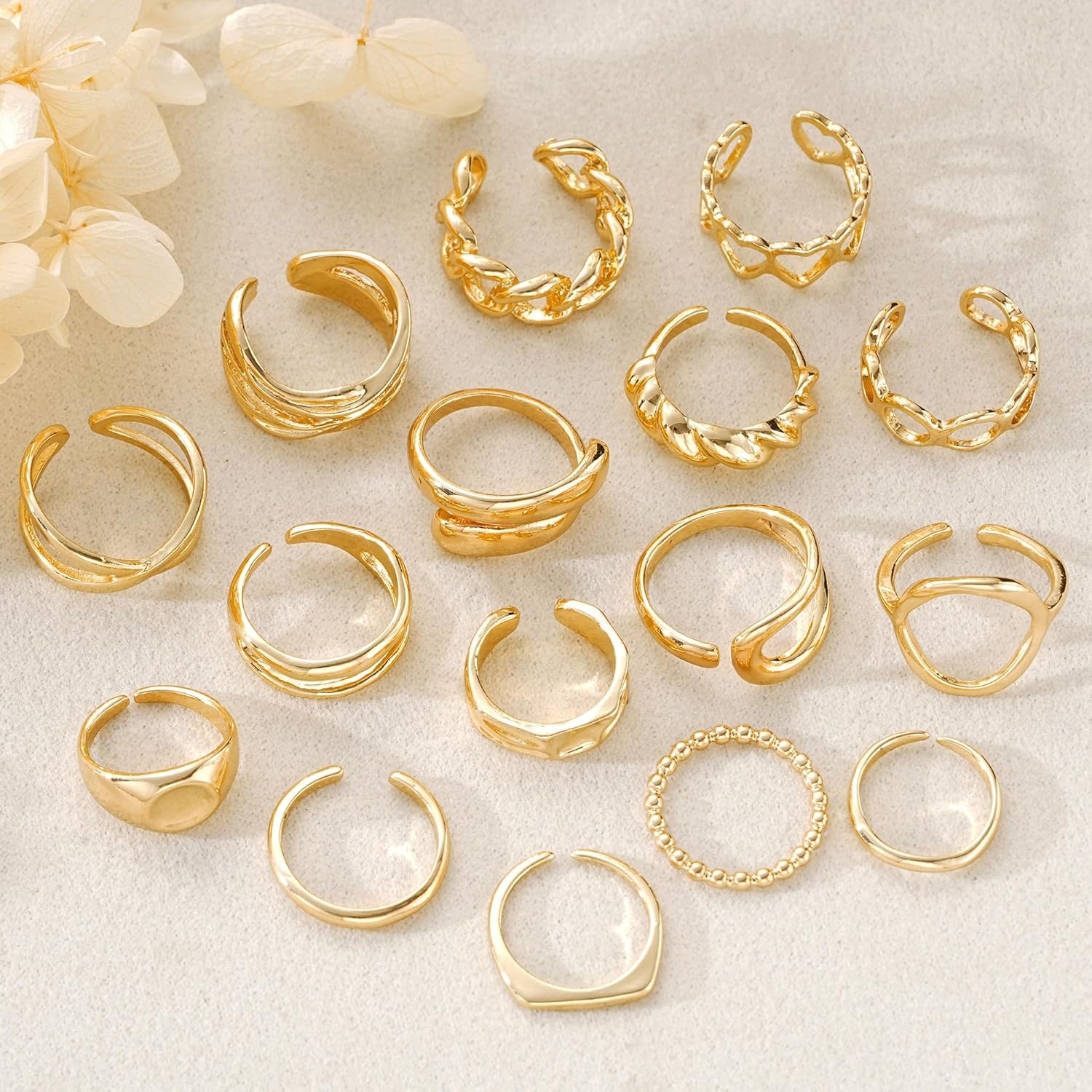 image:imageFAXHION 16 PCS Gold Chunky Rings Set for Women Gold Stackable Open Rings Trendy Dainty Statement Women Rings Pack Jewelry Gifts16 pcs gold chunky rings