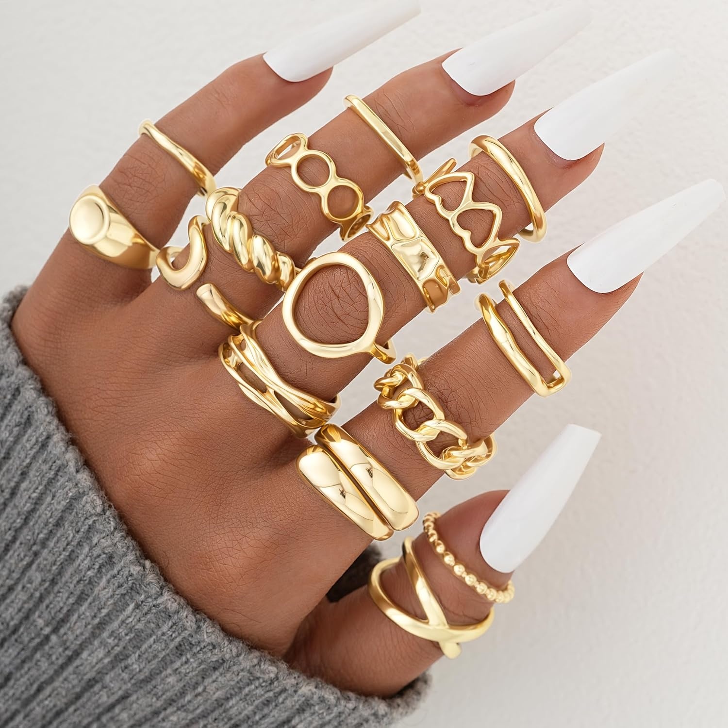 image:imageFAXHION 16 PCS Gold Chunky Rings Set for Women Gold Stackable Open Rings Trendy Dainty Statement Women Rings Pack Jewelry Gifts16 pcs gold chunky rings