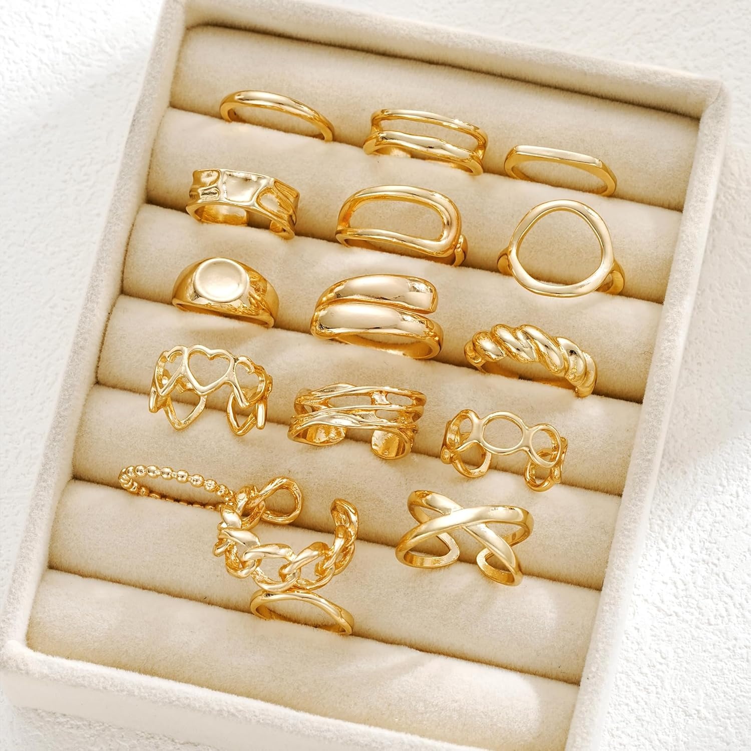 image:imageFAXHION 16 PCS Gold Chunky Rings Set for Women Gold Stackable Open Rings Trendy Dainty Statement Women Rings Pack Jewelry Gifts16 pcs gold chunky rings