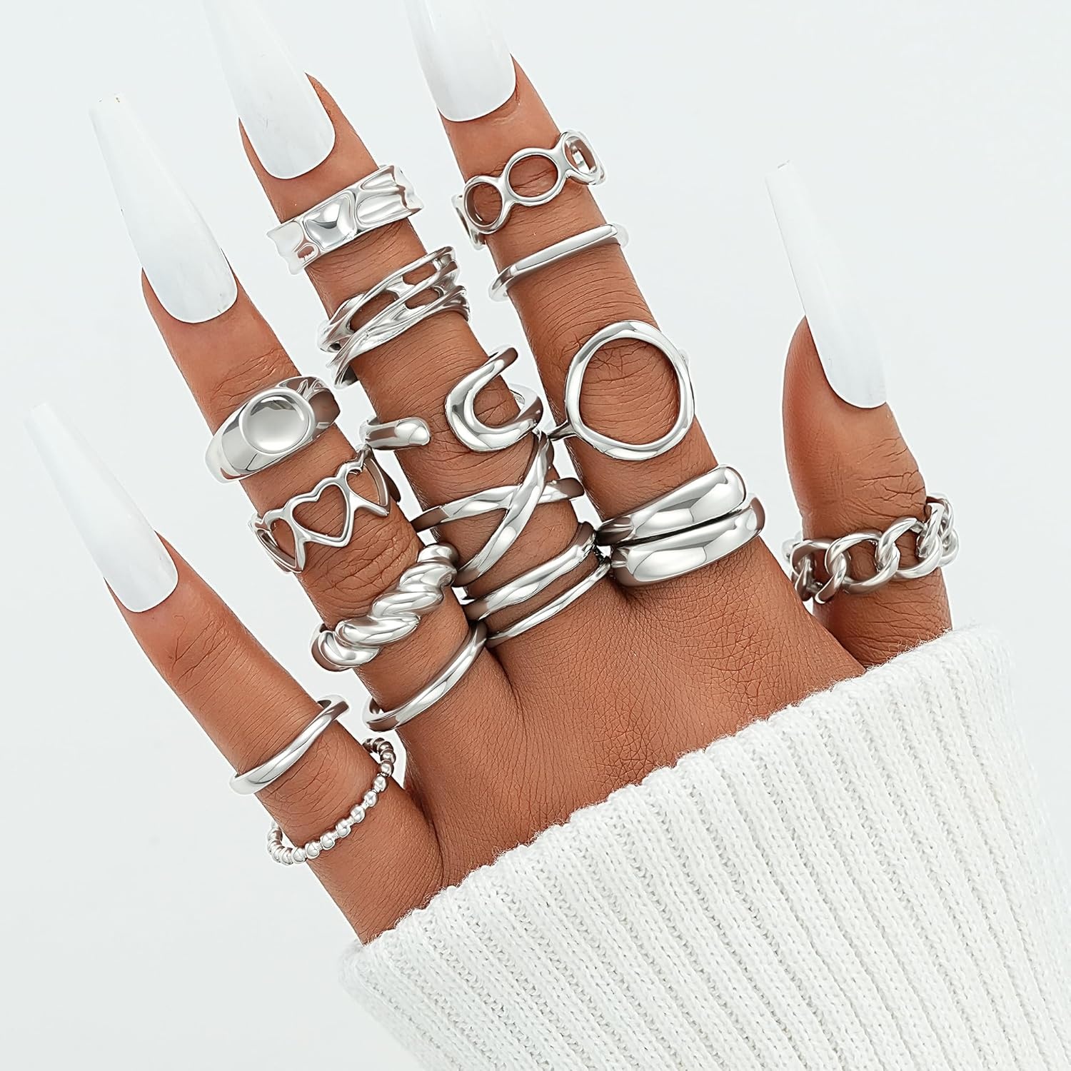 image:imageFAXHION 16 PCS Gold Chunky Rings Set for Women Gold Stackable Open Rings Trendy Dainty Statement Women Rings Pack Jewelry Gifts16 pcs silver chunky rings