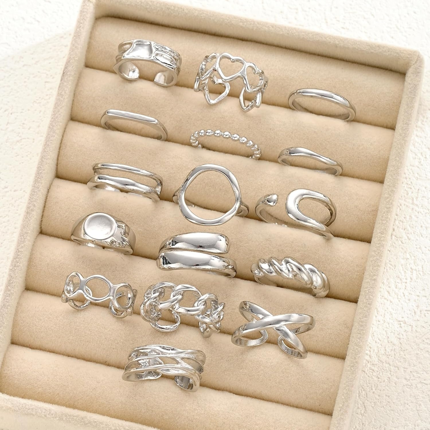 image:imageFAXHION 16 PCS Gold Chunky Rings Set for Women Gold Stackable Open Rings Trendy Dainty Statement Women Rings Pack Jewelry Gifts16 pcs silver chunky rings