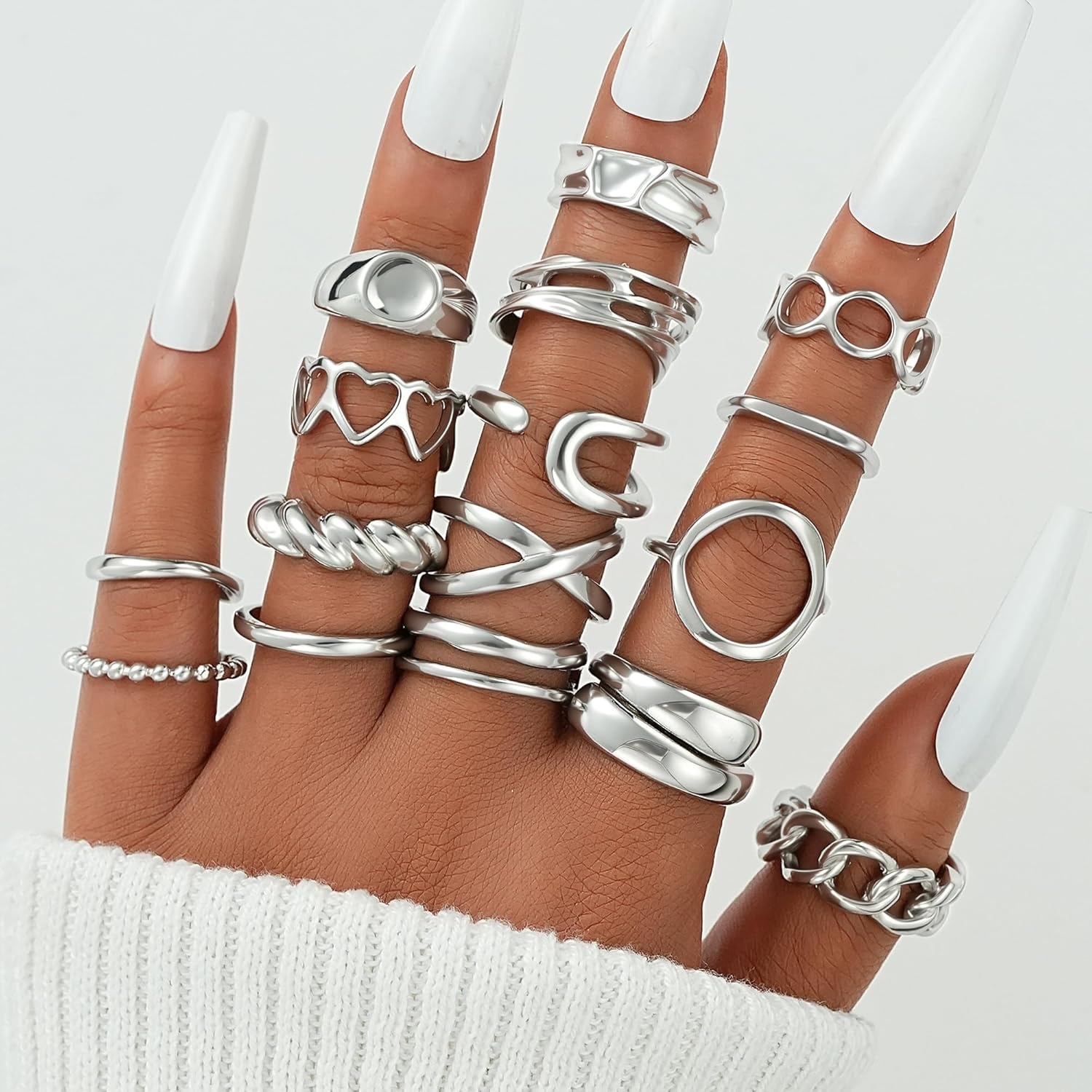 image:imageFAXHION 16 PCS Gold Chunky Rings Set for Women Gold Stackable Open Rings Trendy Dainty Statement Women Rings Pack Jewelry Gifts16 pcs silver chunky rings