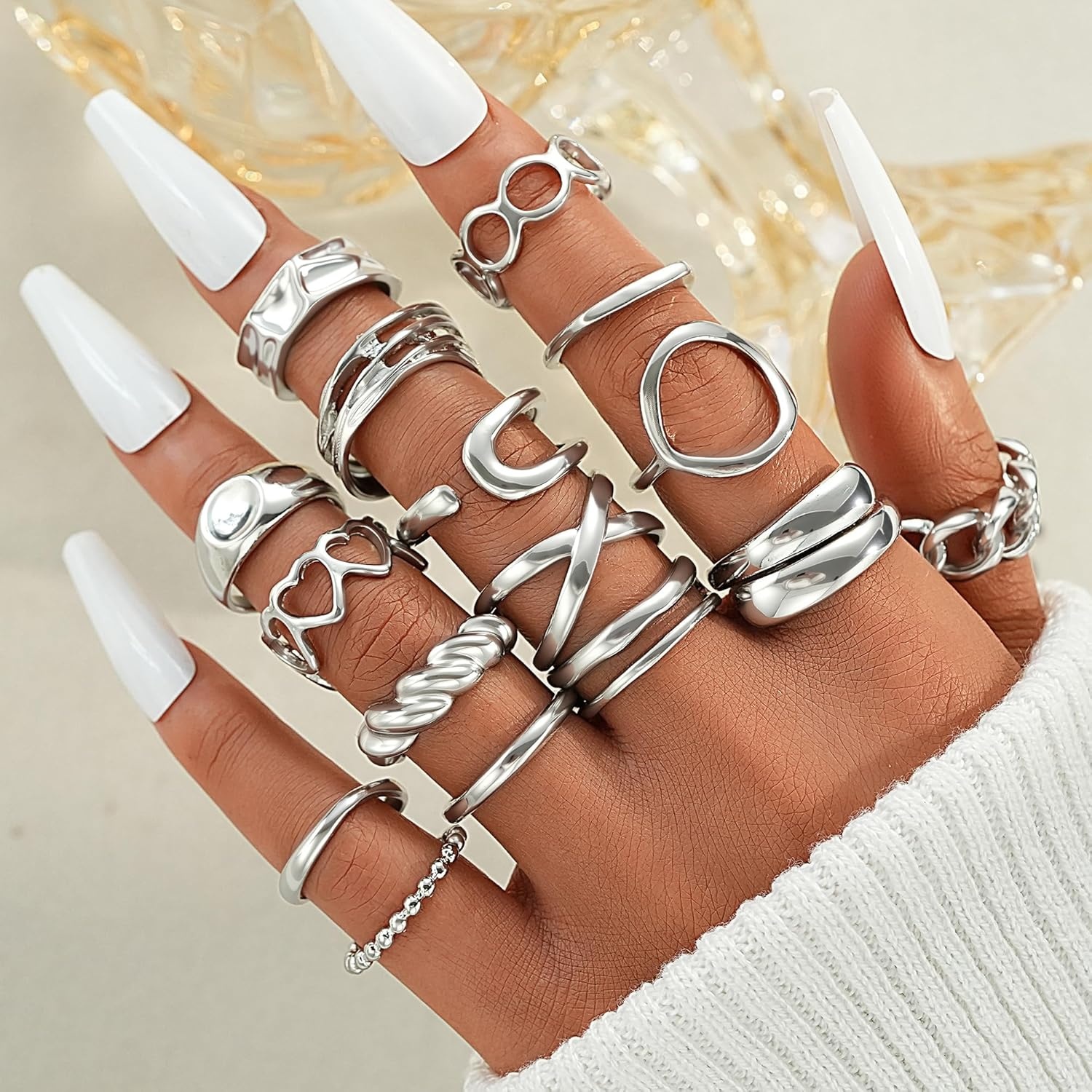 image:imageFAXHION 16 PCS Gold Chunky Rings Set for Women Gold Stackable Open Rings Trendy Dainty Statement Women Rings Pack Jewelry Gifts16 pcs silver chunky rings