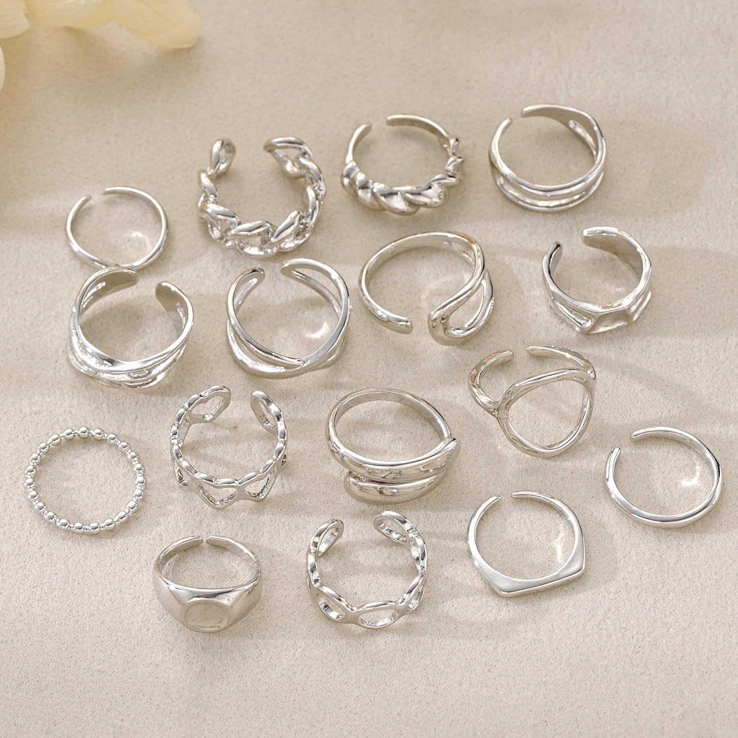 image:imageFAXHION 16 PCS Gold Chunky Rings Set for Women Gold Stackable Open Rings Trendy Dainty Statement Women Rings Pack Jewelry Gifts16 pcs silver chunky rings