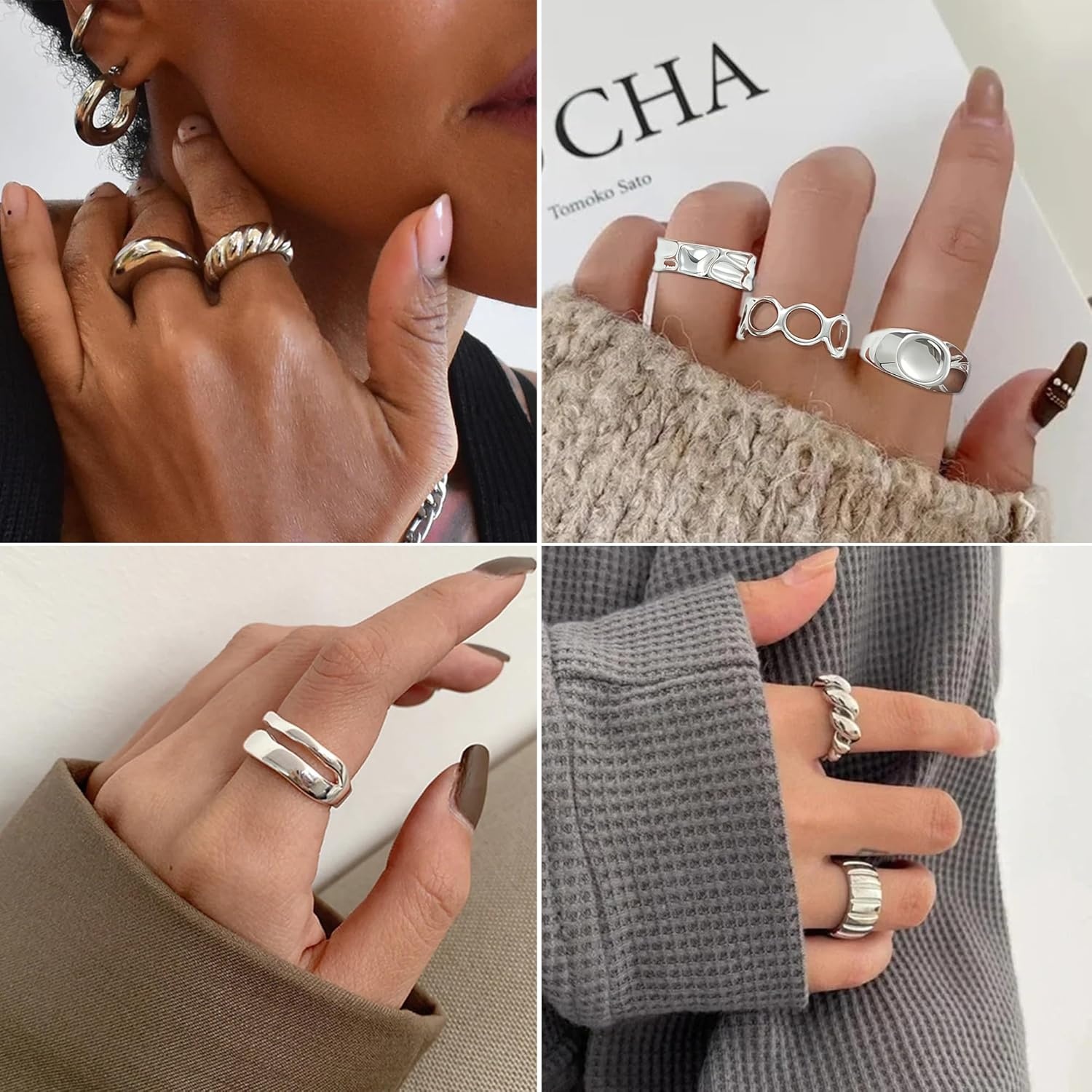 image:imageFAXHION 16 PCS Gold Chunky Rings Set for Women Gold Stackable Open Rings Trendy Dainty Statement Women Rings Pack Jewelry Gifts16 pcs silver chunky rings