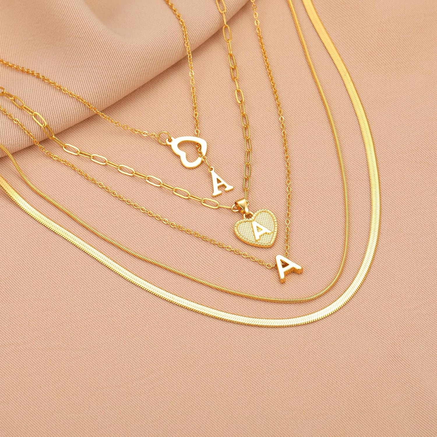 image:imageFAXHION 5 Pcs Gold Initial Necklaces for Women 14K Gold Plated Letter Heart Pendant Necklaces Dainty Flat Snake Chain Layering Choker Necklace for Gift