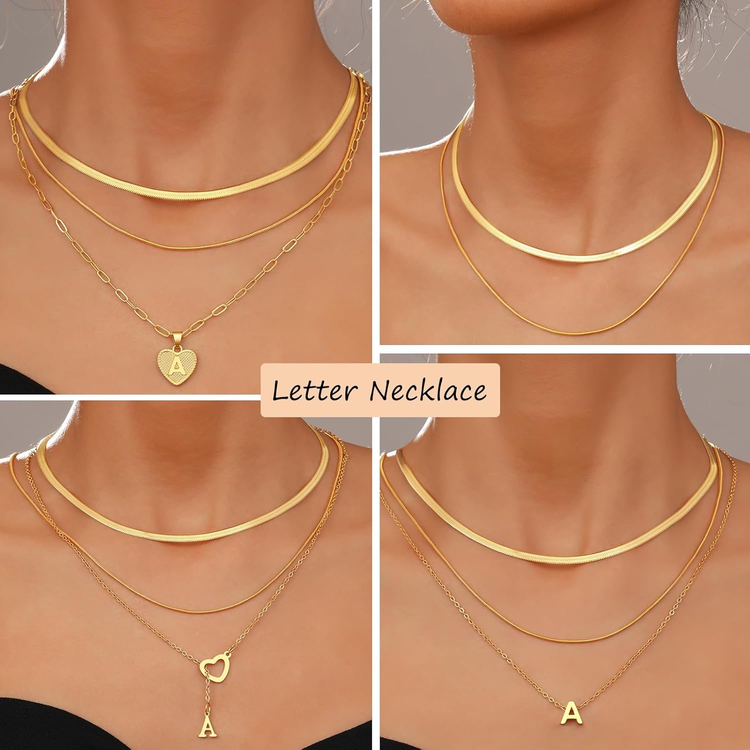 image:imageFAXHION 5 Pcs Gold Initial Necklaces for Women 14K Gold Plated Letter Heart Pendant Necklaces Dainty Flat Snake Chain Layering Choker Necklace for Gift
