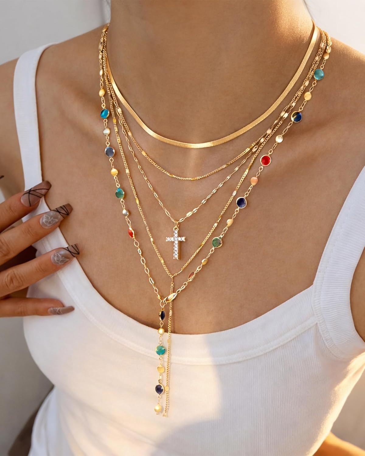 image:imageFAXHION 5PCS 14k Gold Plated Cross Necklaces for Women Pendant Stacked Layered Diamond Y Long Boho Jewelry Sets Adjustable Accessories Trendy Gifts for Womengold01