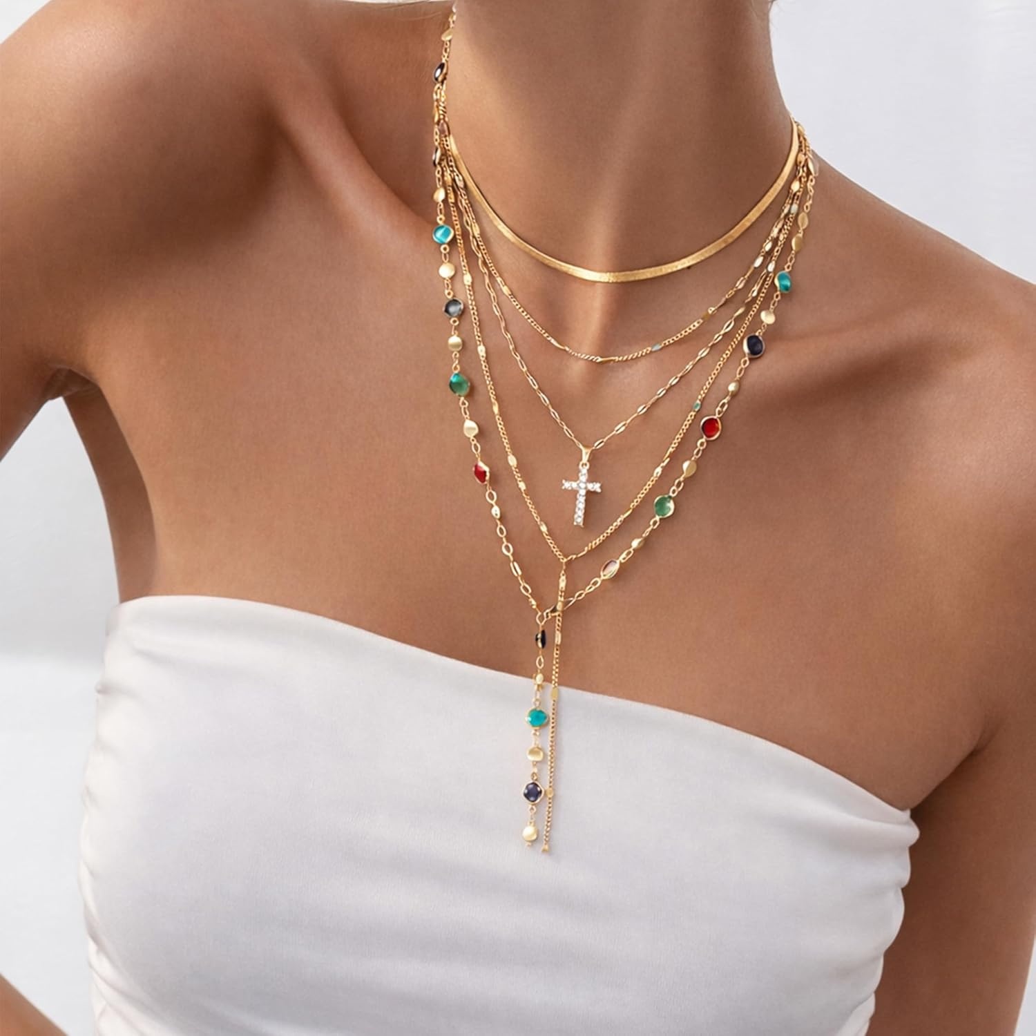 image:imageFAXHION 5PCS 14k Gold Plated Cross Necklaces for Women Pendant Stacked Layered Diamond Y Long Boho Jewelry Sets Adjustable Accessories Trendy Gifts for Womengold01