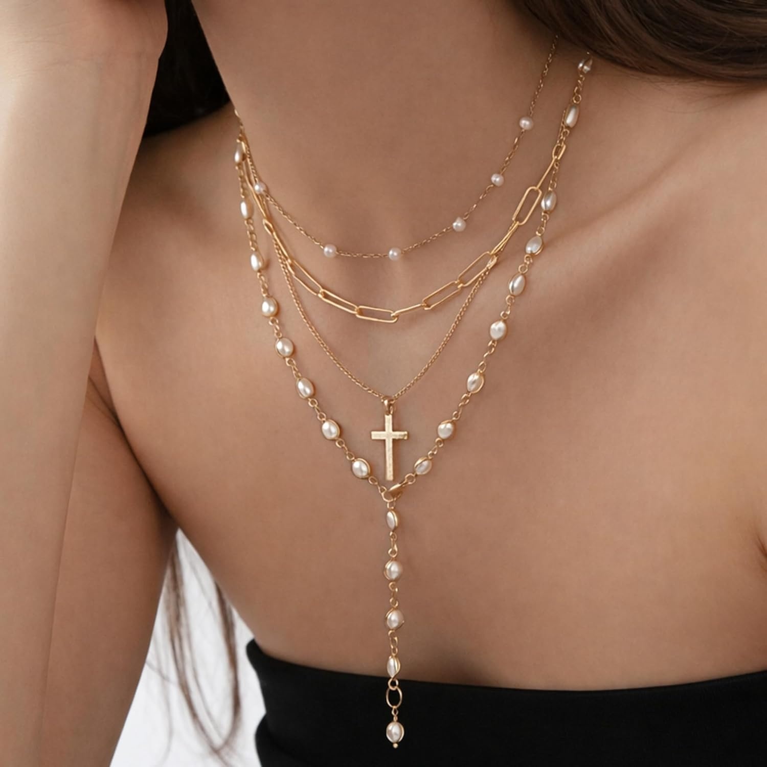 image:imageFAXHION 5PCS 14k Gold Plated Cross Necklaces for Women Pendant Stacked Layered Diamond Y Long Boho Jewelry Sets Adjustable Accessories Trendy Gifts for Womengold04